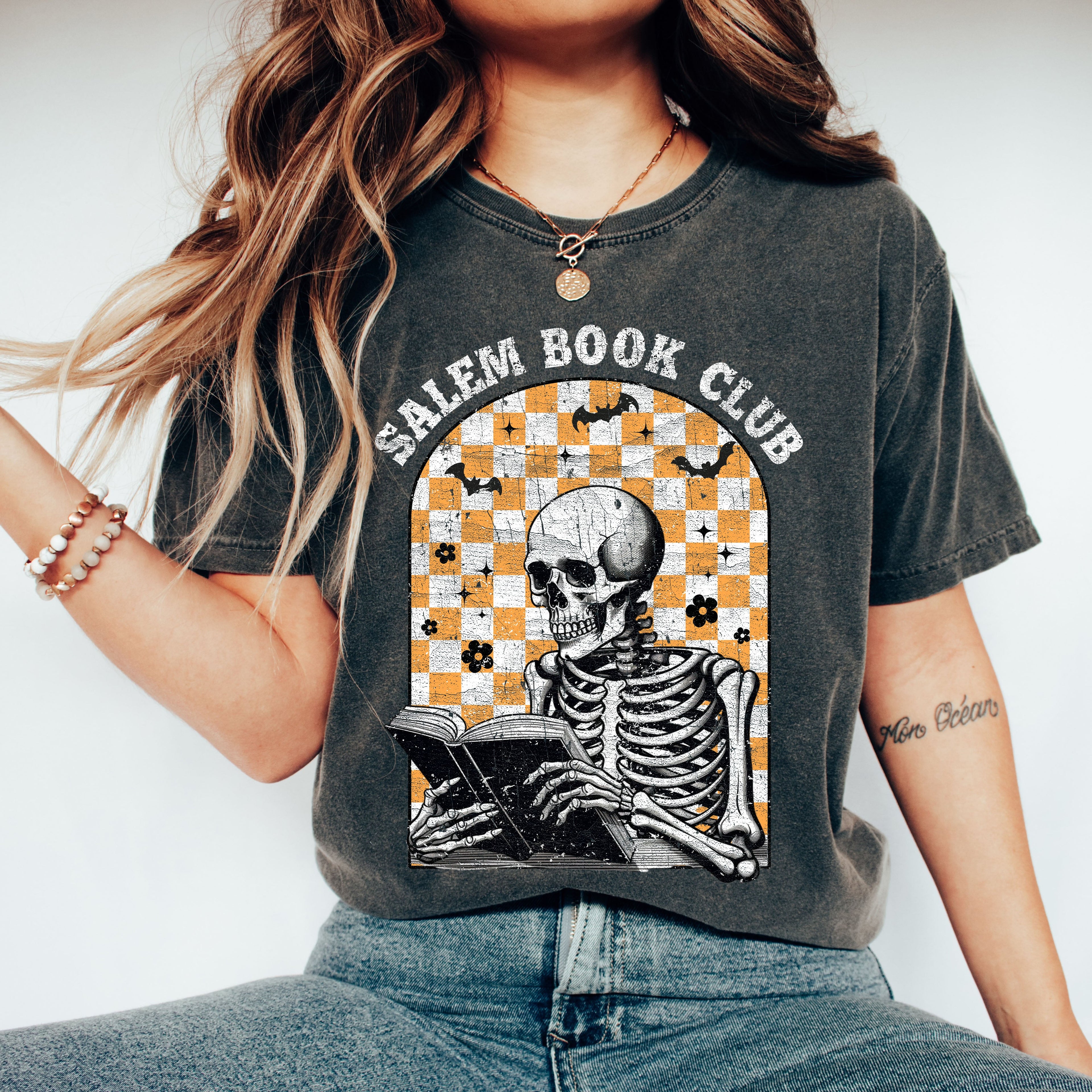Salem Book Club Skeleton Checkered Retro Limited Deluxe Edition Comfort Colors Tee
