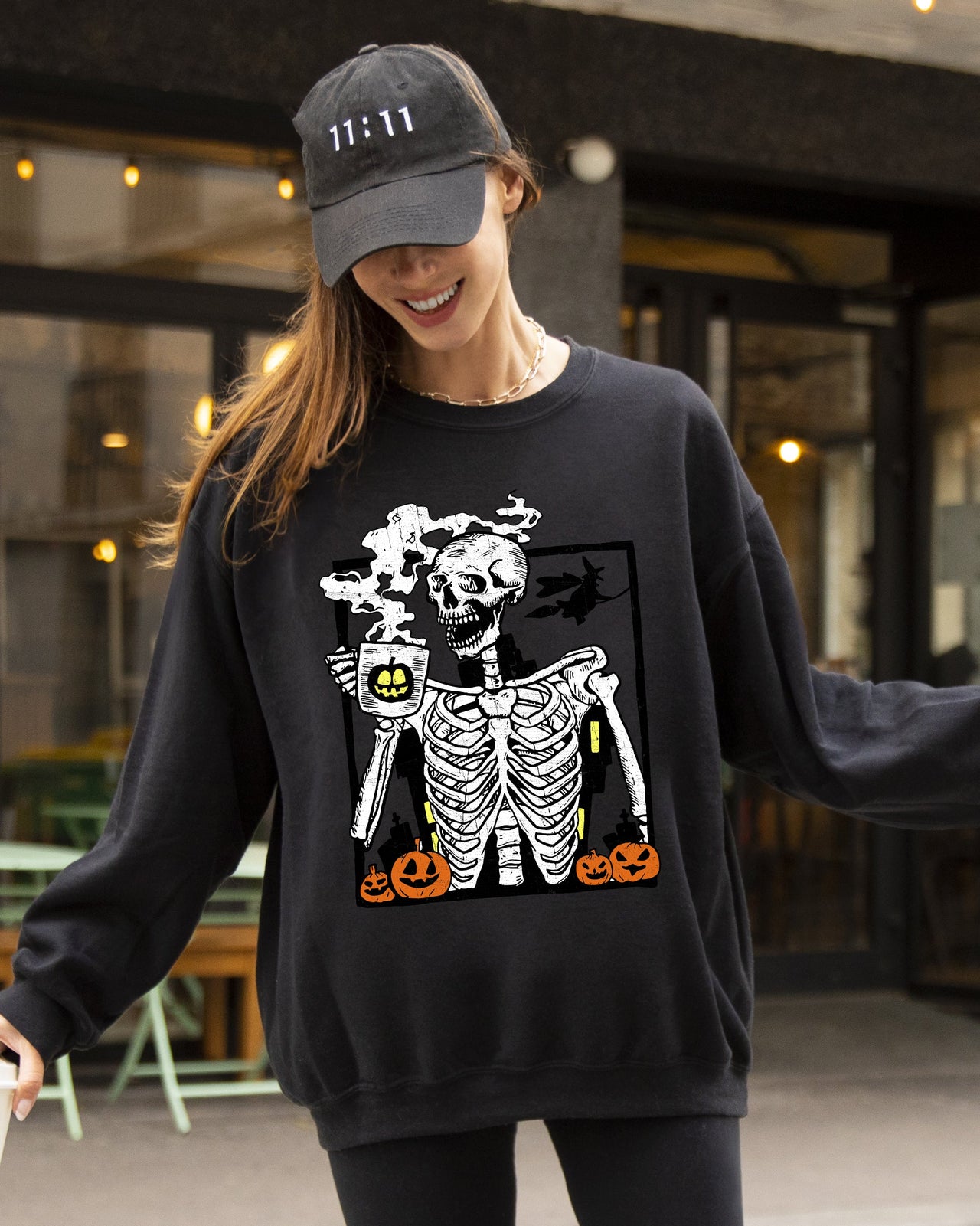 Coffee Lover Skeleton Witch Aesthetic Meme Halloween Spooky Costume Deluxe Sweatshirt
