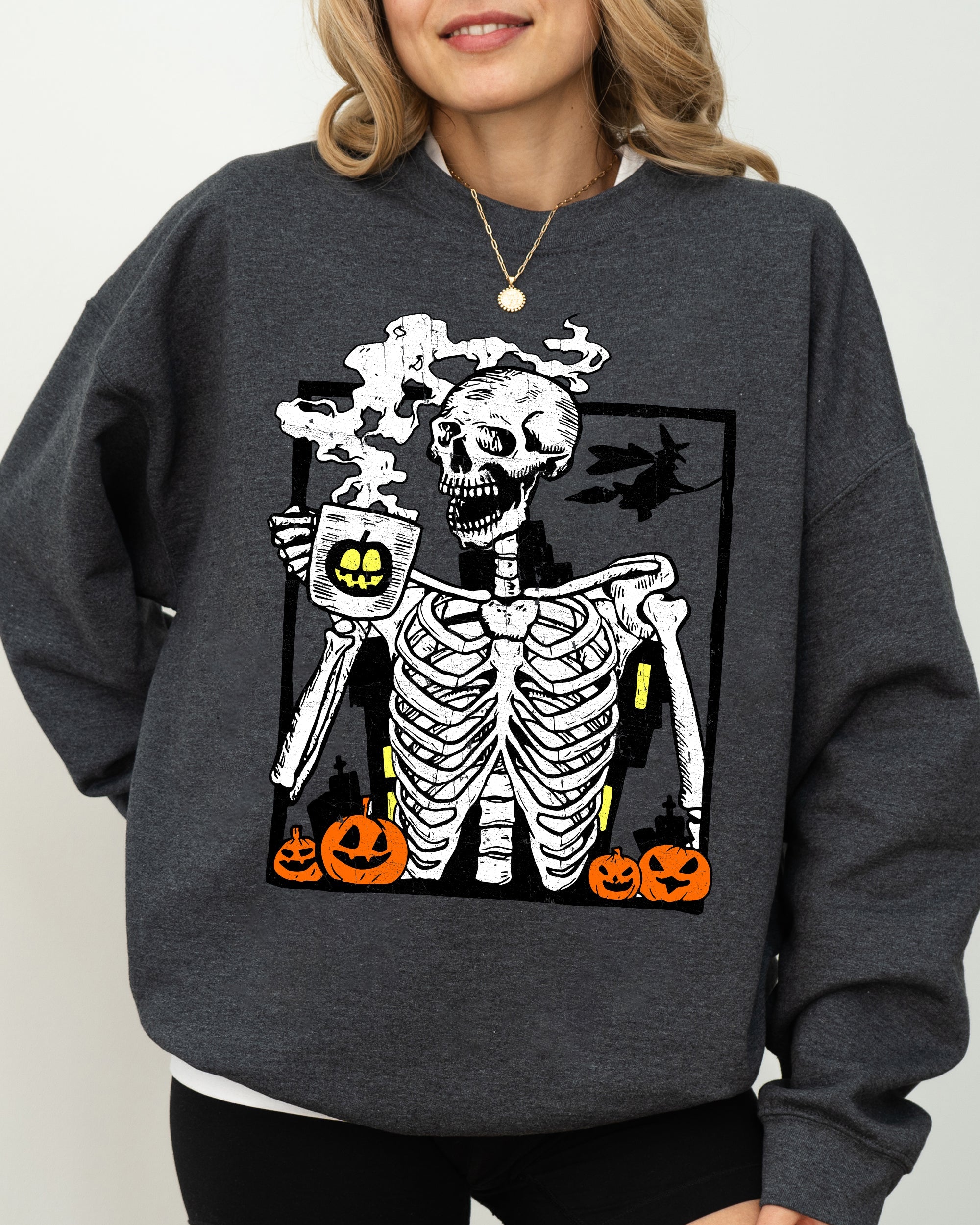 Coffee Lover Skeleton Witch Aesthetic Meme Halloween Spooky Costume Deluxe Sweatshirt