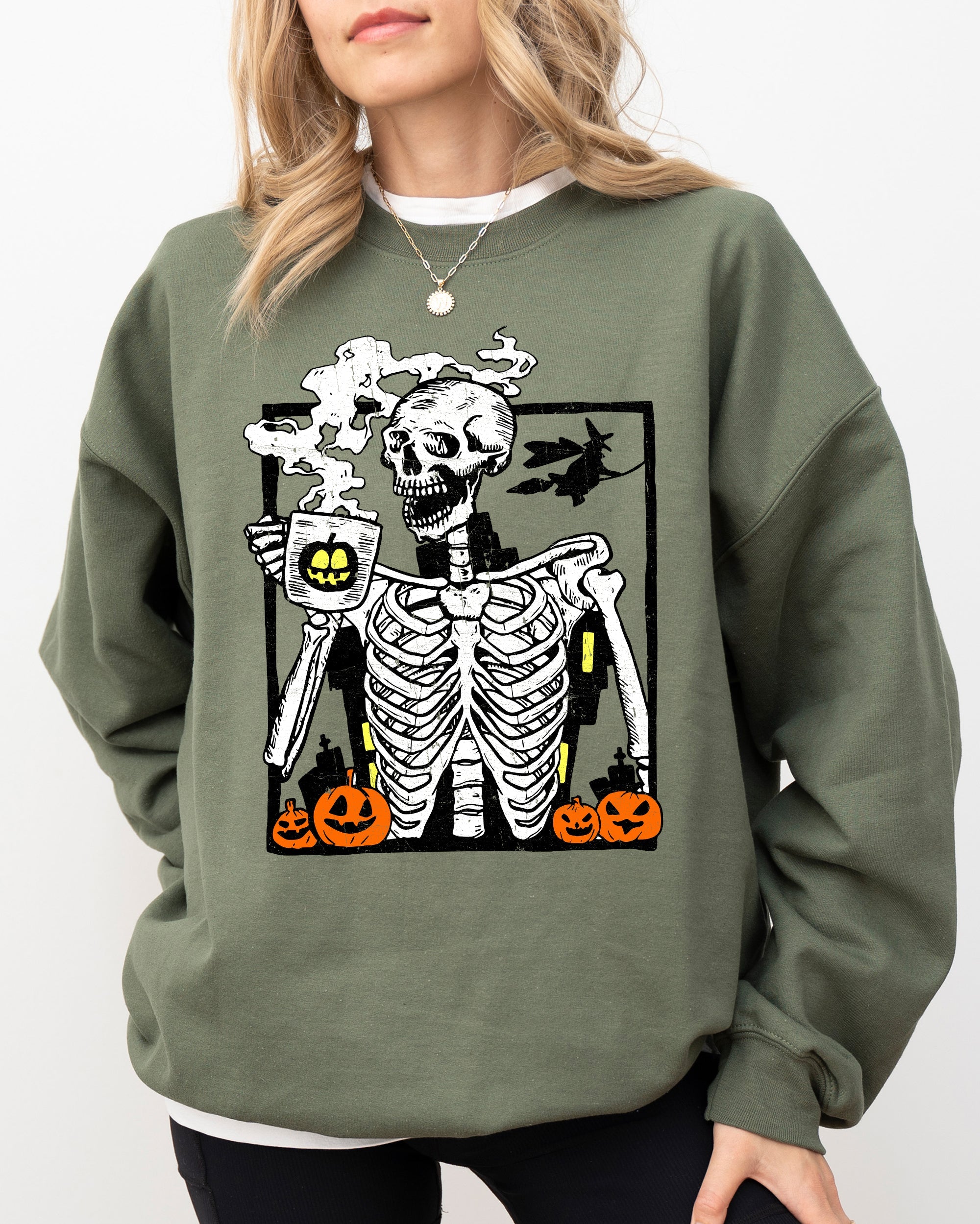 Coffee Lover Skeleton Witch Aesthetic Meme Halloween Spooky Costume Deluxe Sweatshirt