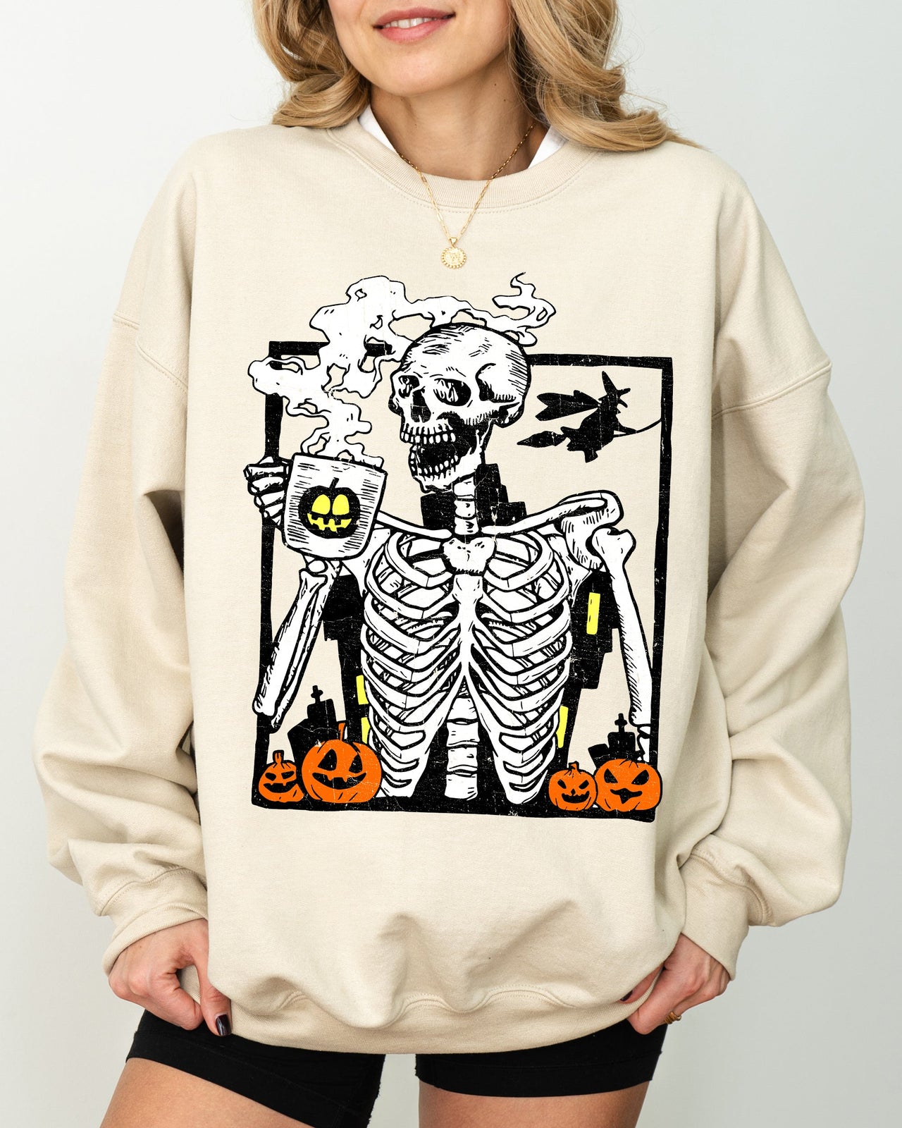 Coffee Lover Skeleton Witch Aesthetic Meme Halloween Spooky Costume Deluxe Sweatshirt
