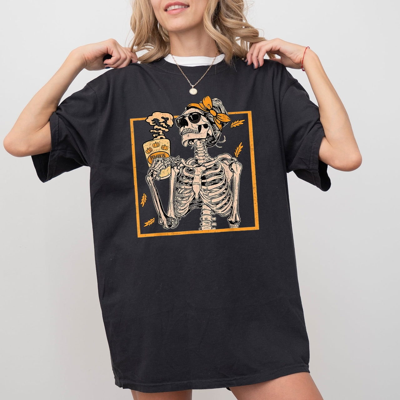 Skeleton Lady Fall Leaves Witch Aesthetic Meme Halloween Spooky Costume Comfort Colors Tee