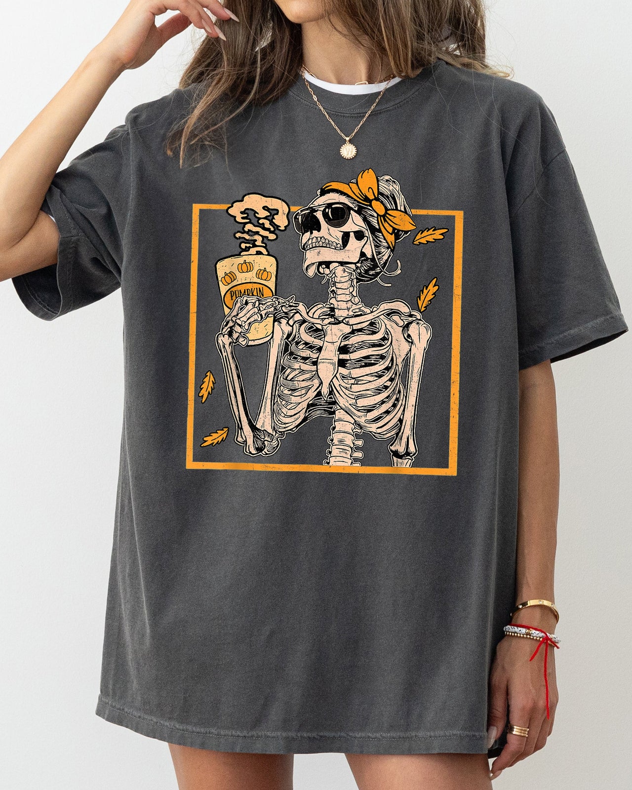 Skeleton Lady Fall Leaves Witch Aesthetic Meme Halloween Spooky Costume Comfort Colors Tee
