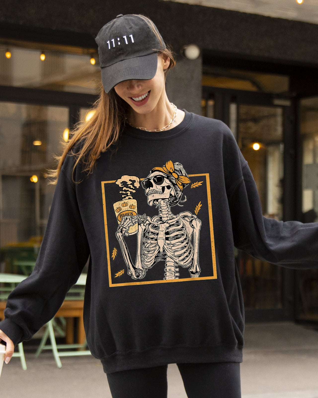 Coffee Lover Skeleton Lady Mom Retro Vintage Gothic Grunge Moody Nighttime Coffee Art Chic Edgy Sweatshirt