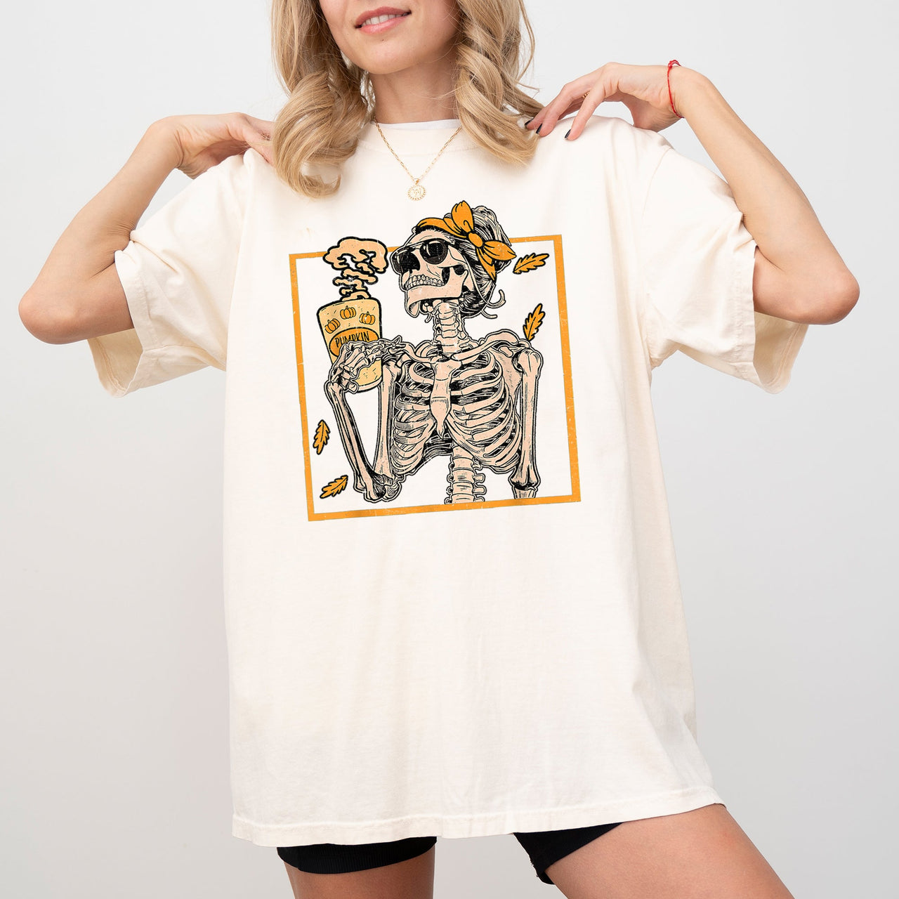Skeleton Lady Fall Leaves Witch Aesthetic Meme Halloween Spooky Costume Comfort Colors Tee