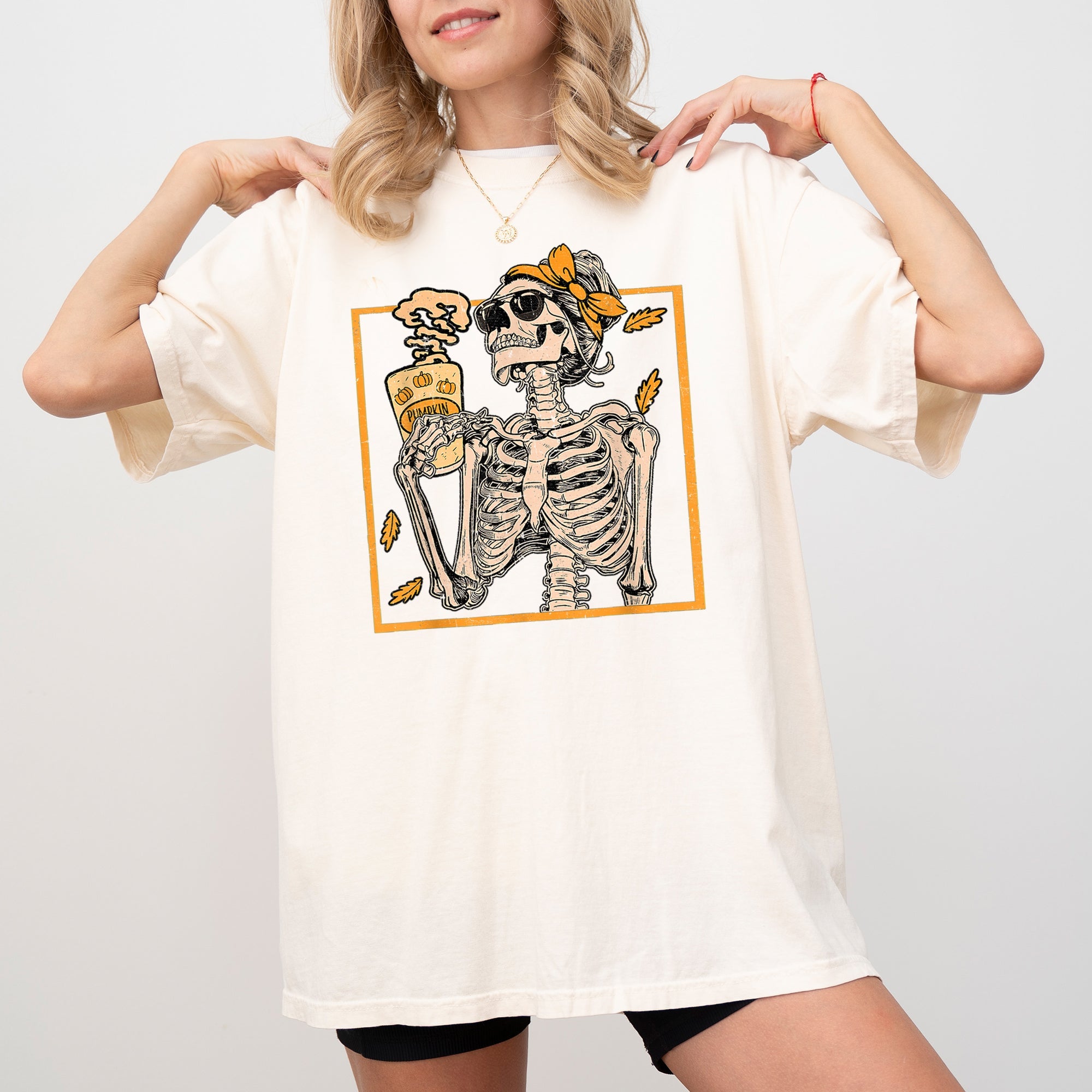 Skeleton Lady Fall Leaves Witch Aesthetic Meme Halloween Spooky Costume Comfort Colors Tee