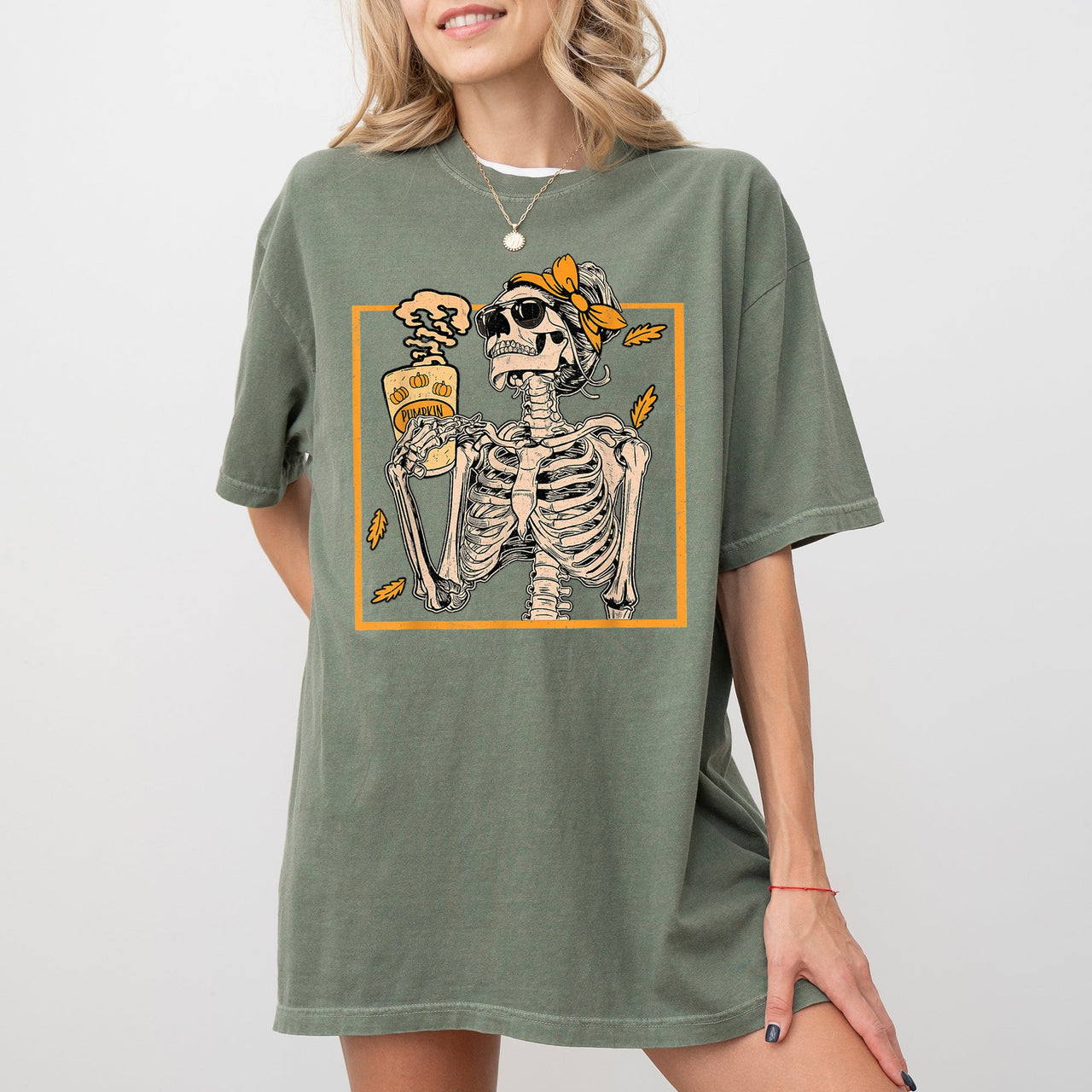 Skeleton Lady Fall Leaves Witch Aesthetic Meme Halloween Spooky Costume Comfort Colors Tee