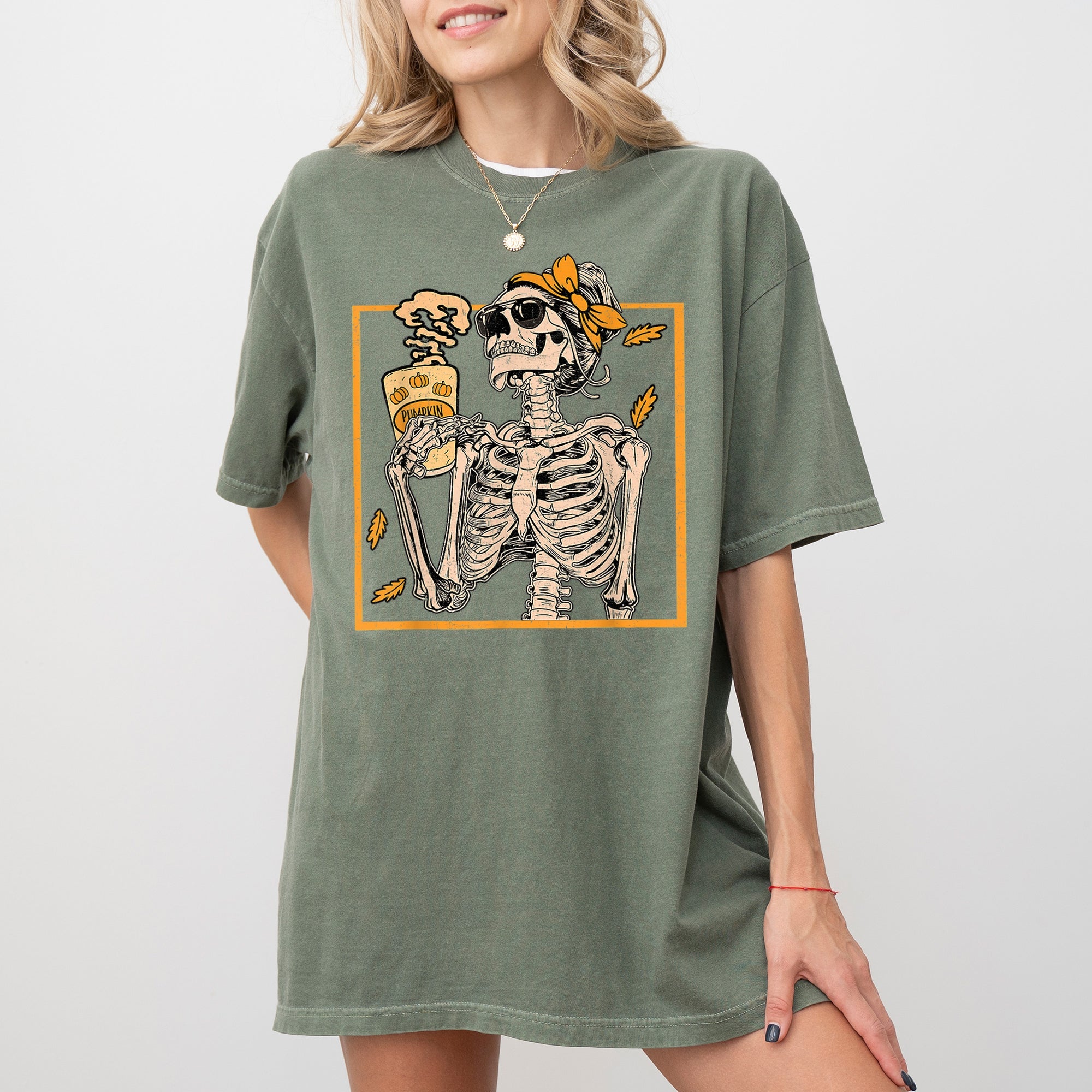 Skeleton Lady Fall Leaves Witch Aesthetic Meme Halloween Spooky Costume Comfort Colors Tee