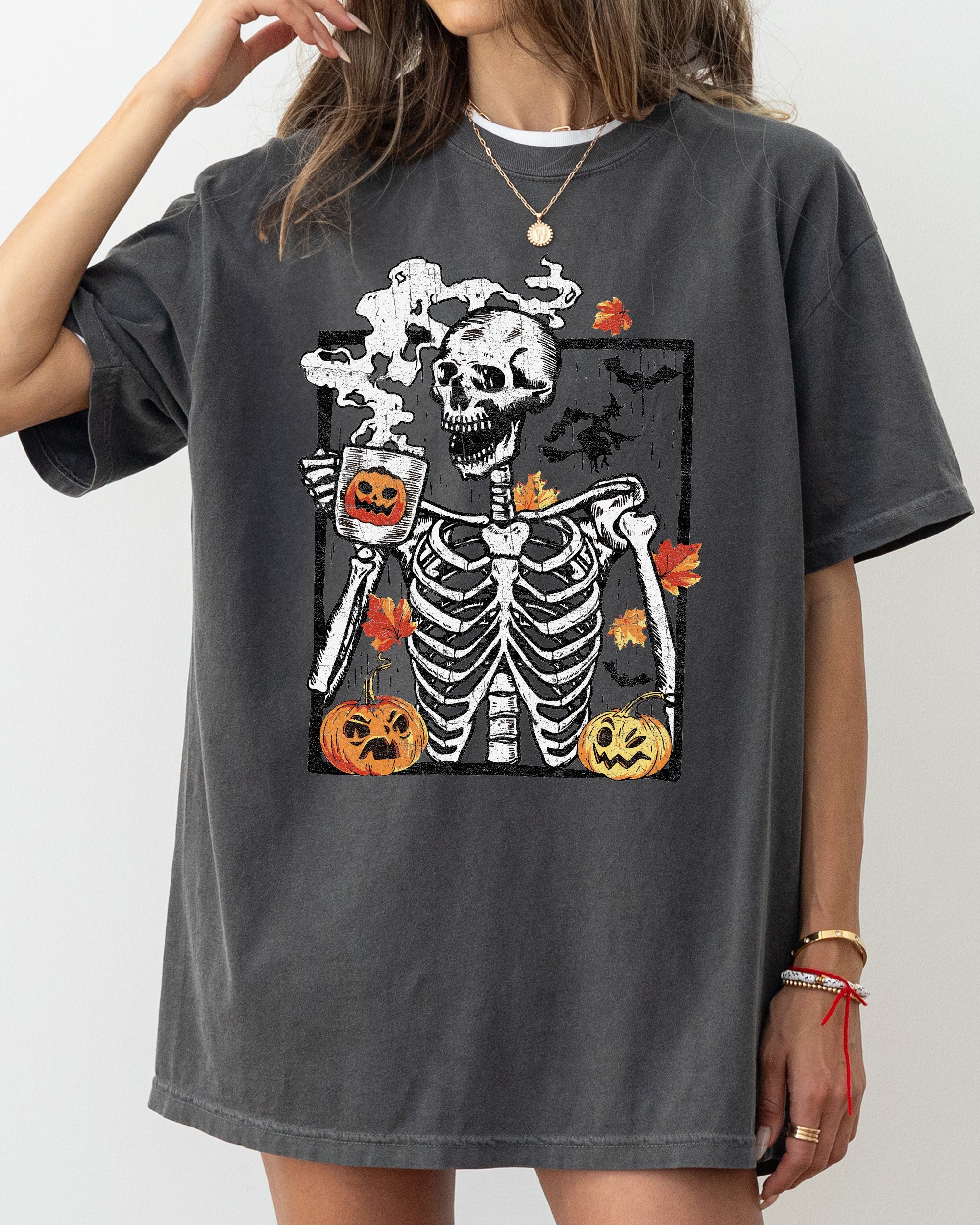 Skeleton Coffee Pumpkin Witch Halloween Spooky Costume Graphic Comfort Colors Tee