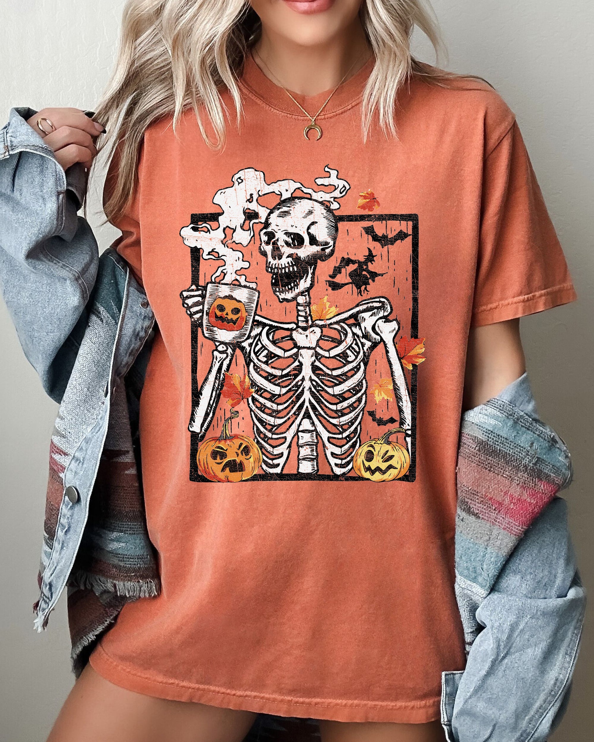 Skeleton Coffee Pumpkin Witch Halloween Spooky Costume Graphic Comfort Colors Tee