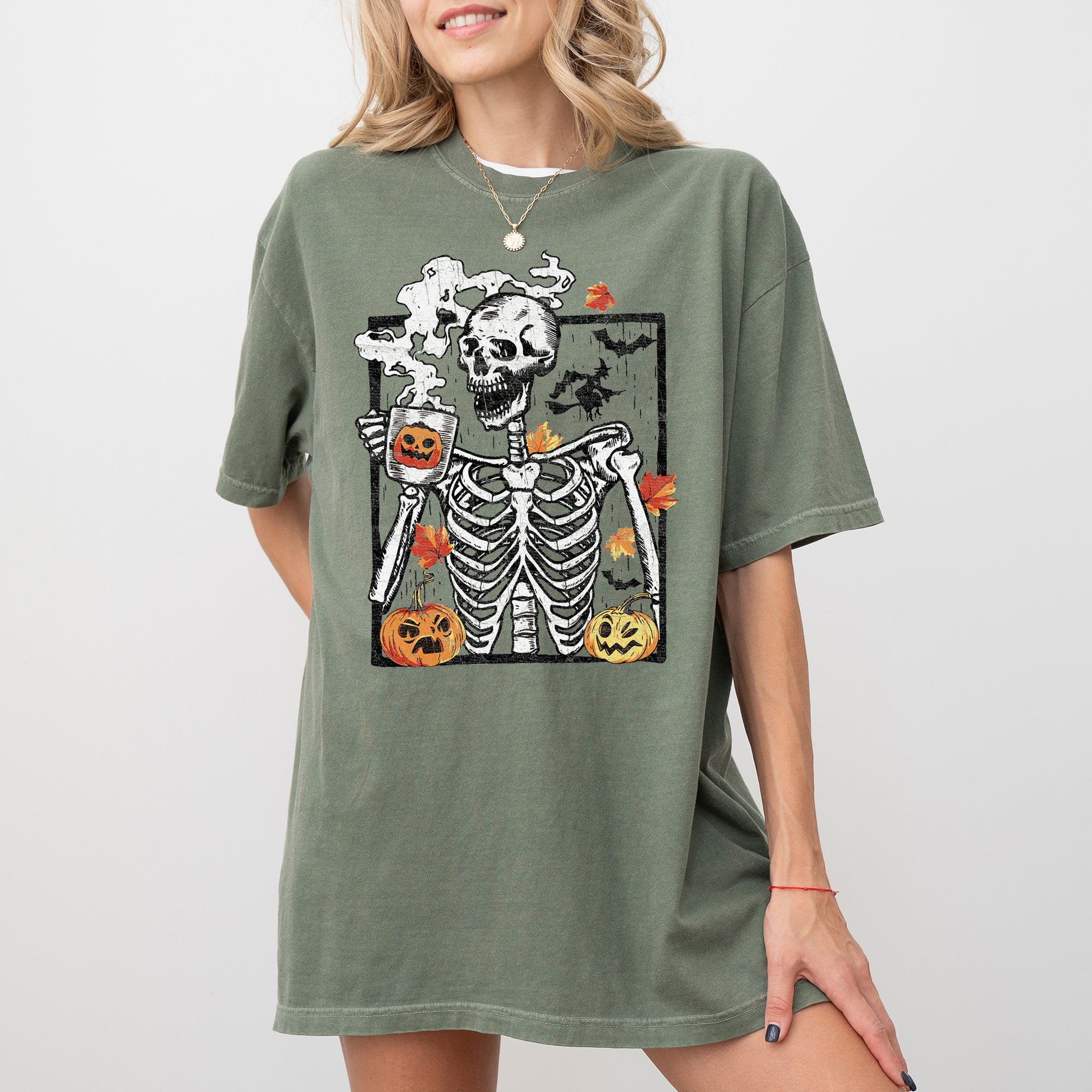 Skeleton Coffee Pumpkin Witch Halloween Spooky Costume Graphic Comfort Colors Tee