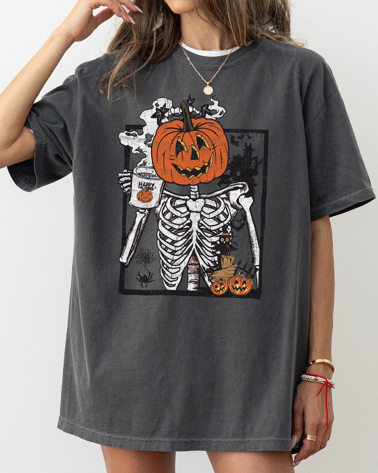 Pumpkin Head Skeleton Coffee Witch Aesthetic Meme Halloween Spooky Comfort Colors Tee