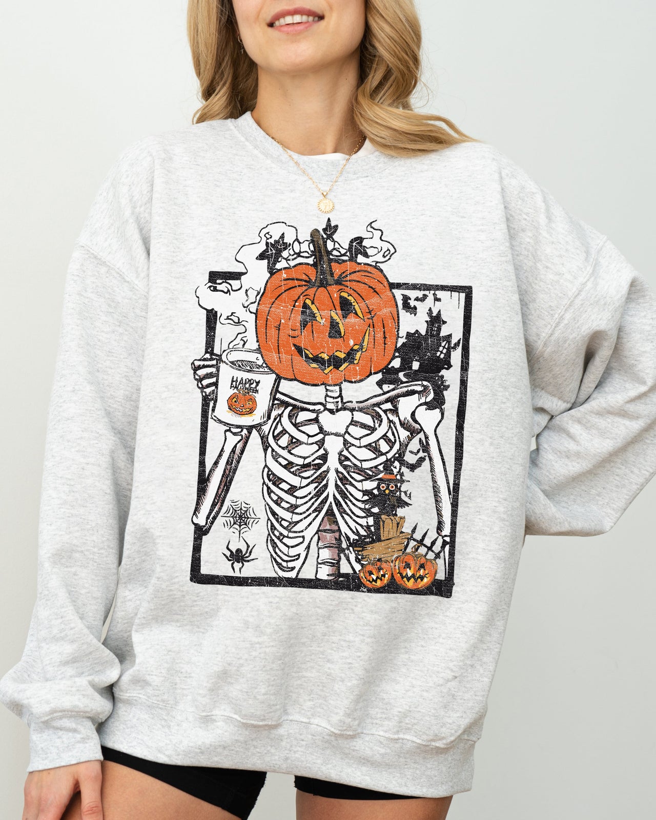 Pumpkin Head Skeleton Coffee Witch Aesthetic Meme Halloween Spooky Costume Sweatshirt
