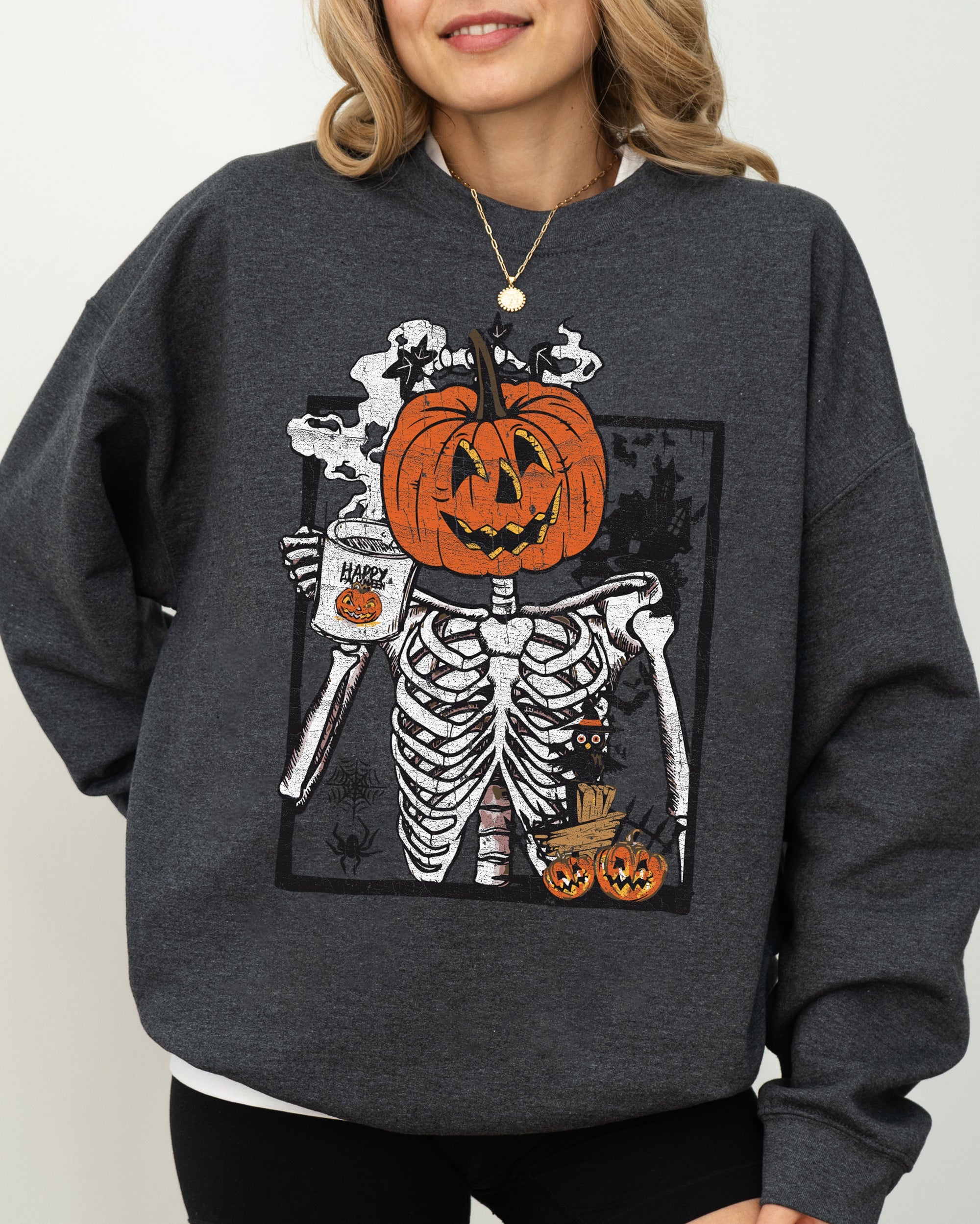 Pumpkin Head Skeleton Coffee Witch Aesthetic Meme Halloween Spooky Costume Sweatshirt