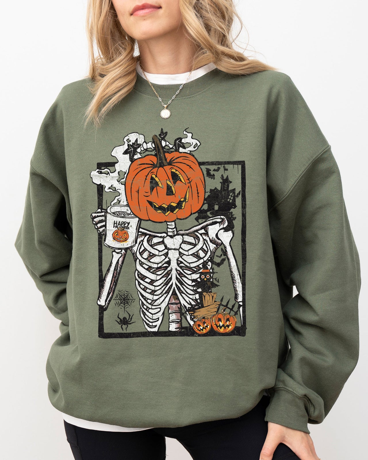 Pumpkin Head Skeleton Coffee Witch Aesthetic Meme Halloween Spooky Costume Sweatshirt