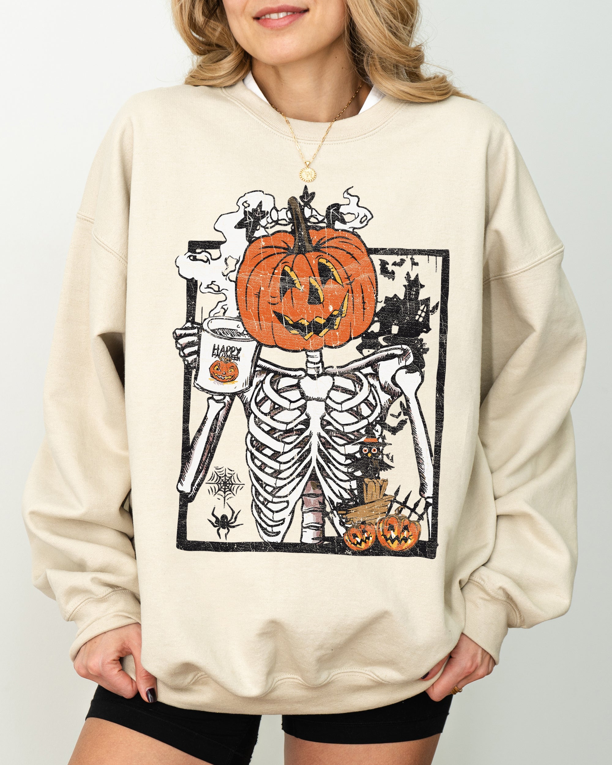 Pumpkin Head Skeleton Coffee Witch Aesthetic Meme Halloween Spooky Costume Sweatshirt