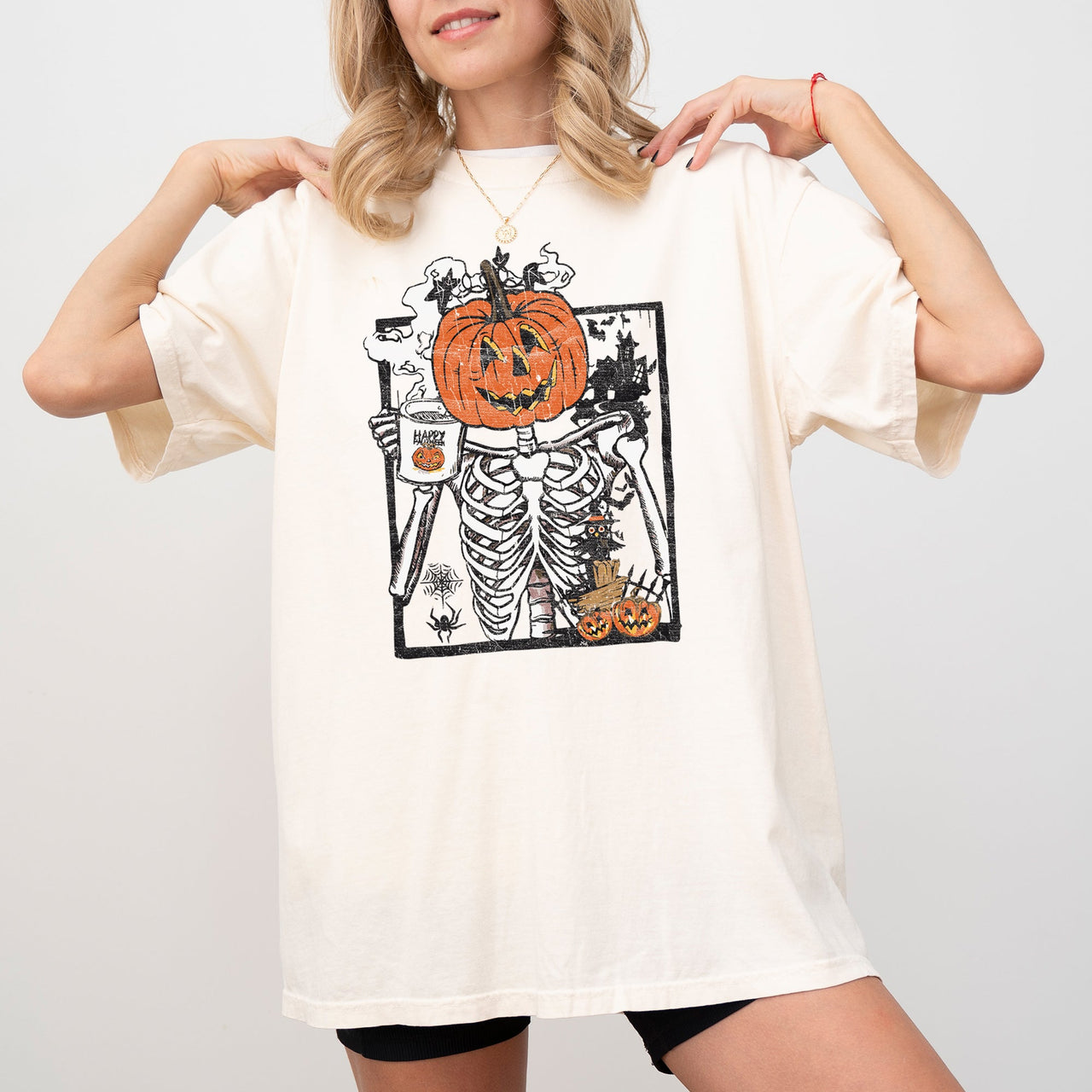 Pumpkin Head Skeleton Coffee Witch Aesthetic Meme Halloween Spooky Comfort Colors Tee