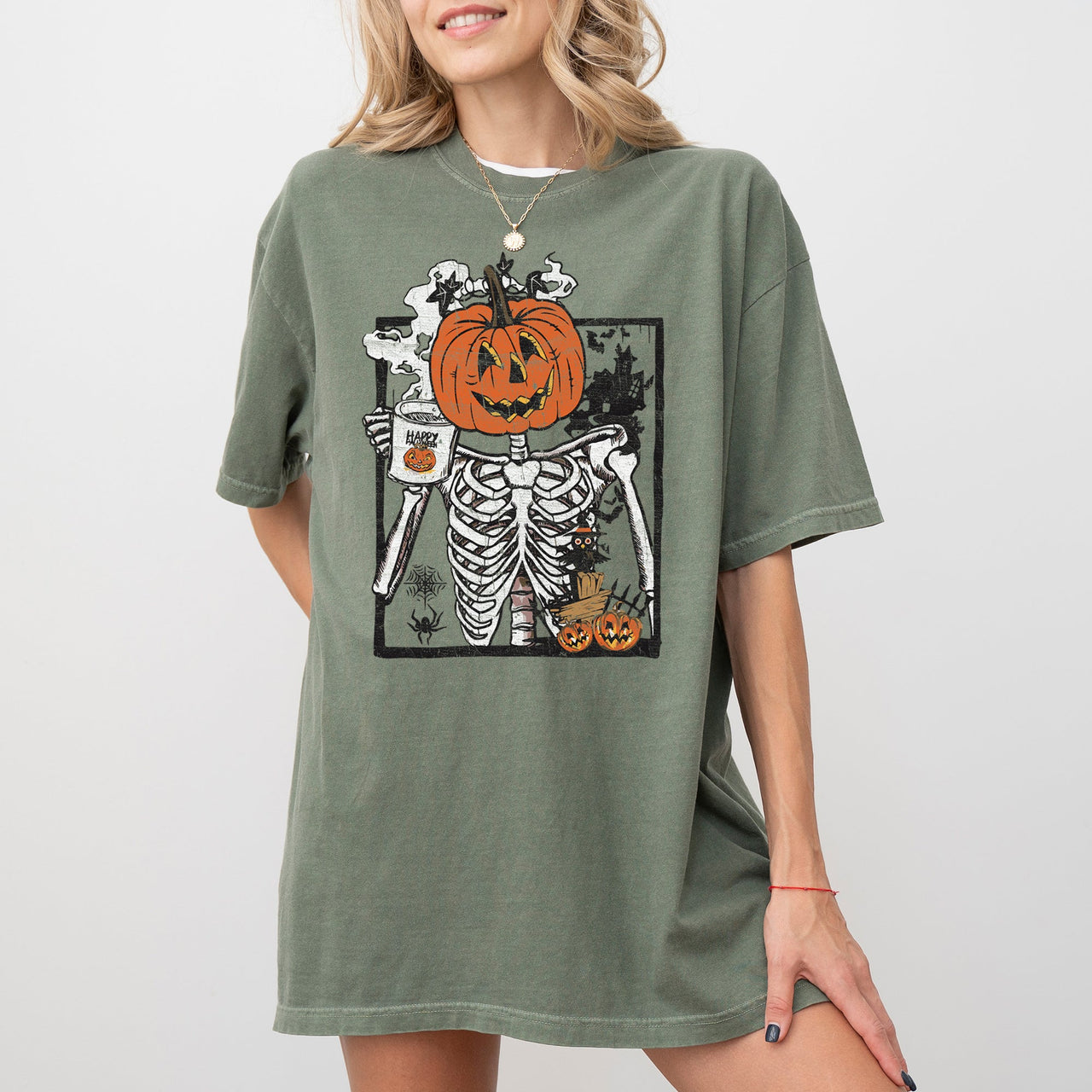 Pumpkin Head Skeleton Coffee Witch Aesthetic Meme Halloween Spooky Comfort Colors Tee