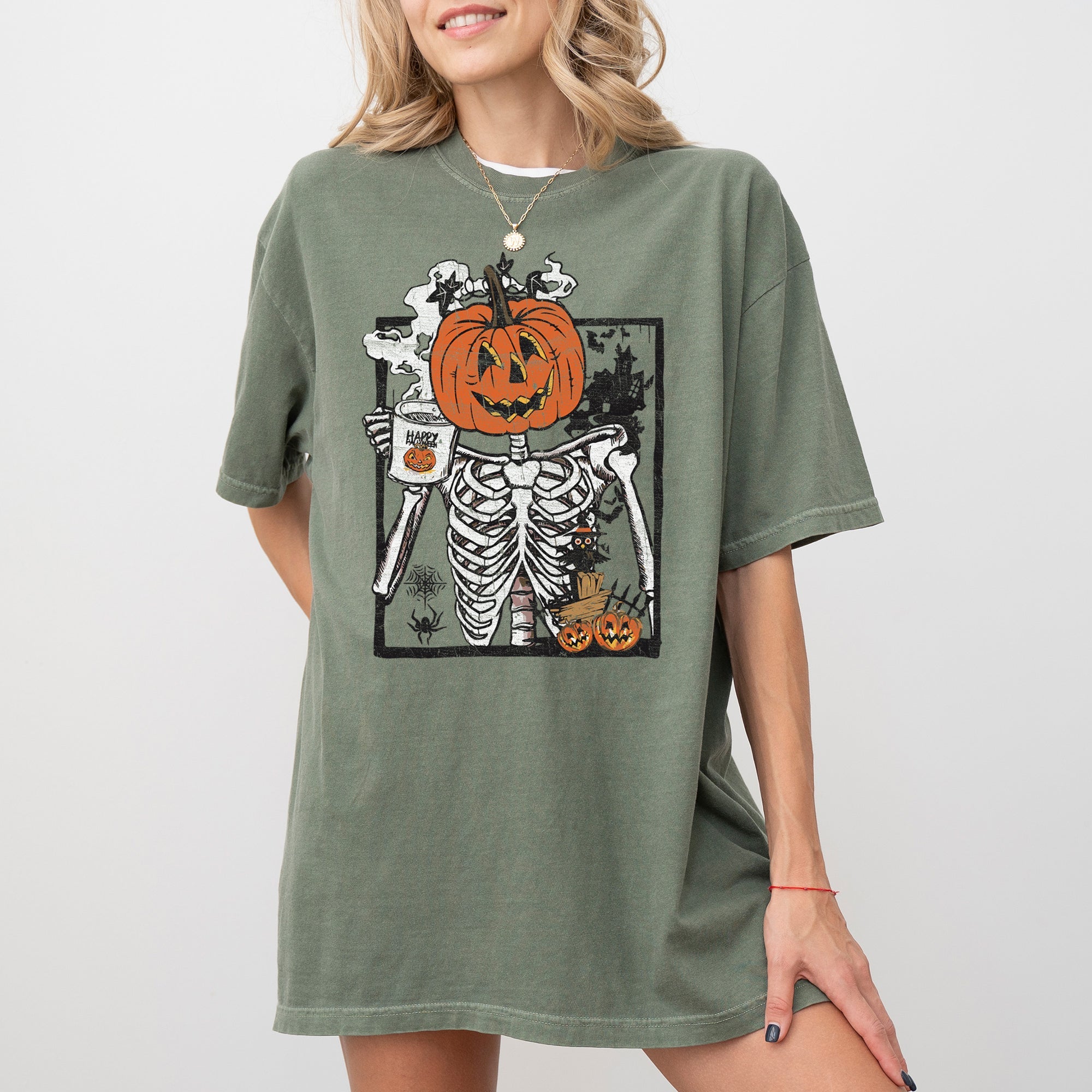 Pumpkin Head Skeleton Coffee Witch Aesthetic Meme Halloween Spooky Comfort Colors Tee