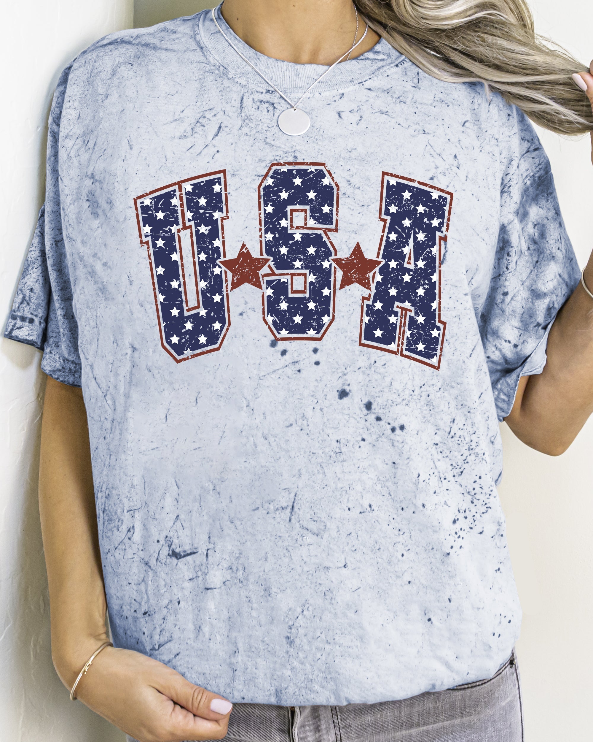 Classic USA Stars Stripes Patriotic Retro Varsity Color Blast Comfort Colors Tee