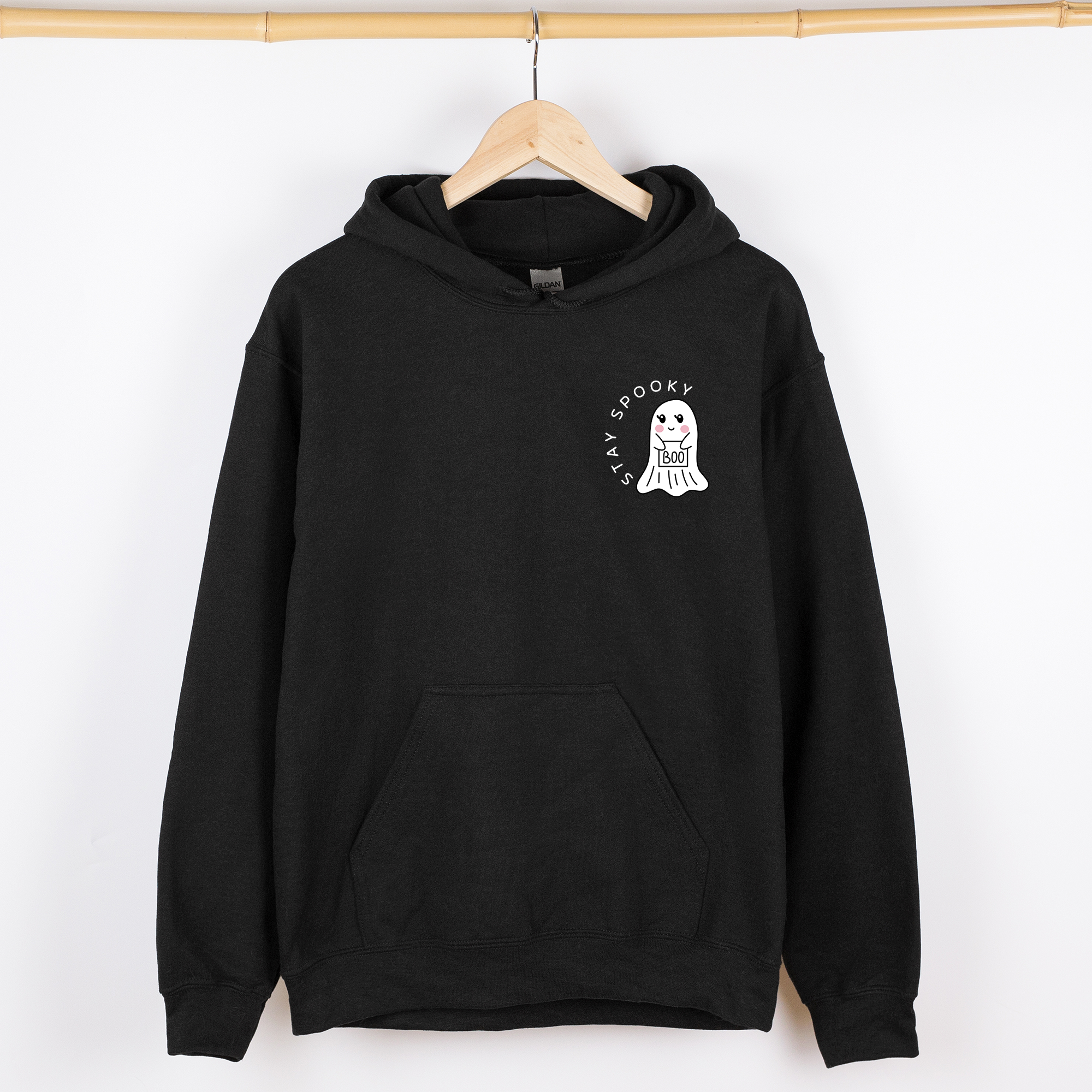 Stay Spooky Ghost Halloween Pocket Checkered Cozy Autumn Vibe Nightlife Graphic Hoodie