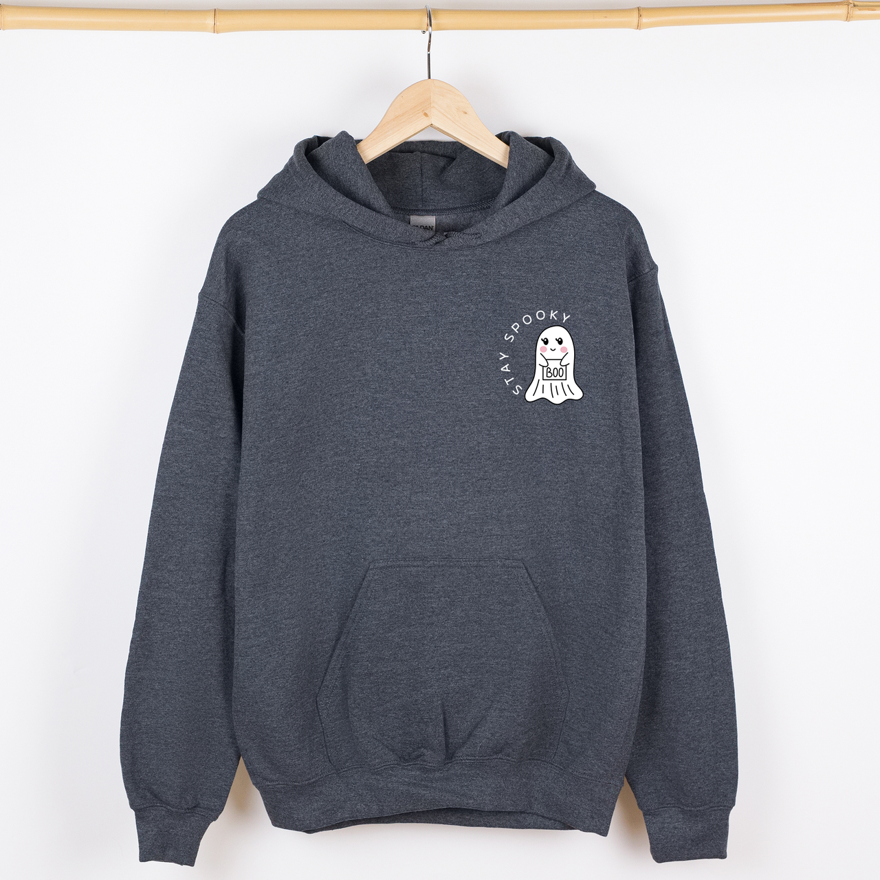 Stay Spooky Ghost Halloween Pocket Checkered Cozy Autumn Vibe Nightlife Graphic Hoodie