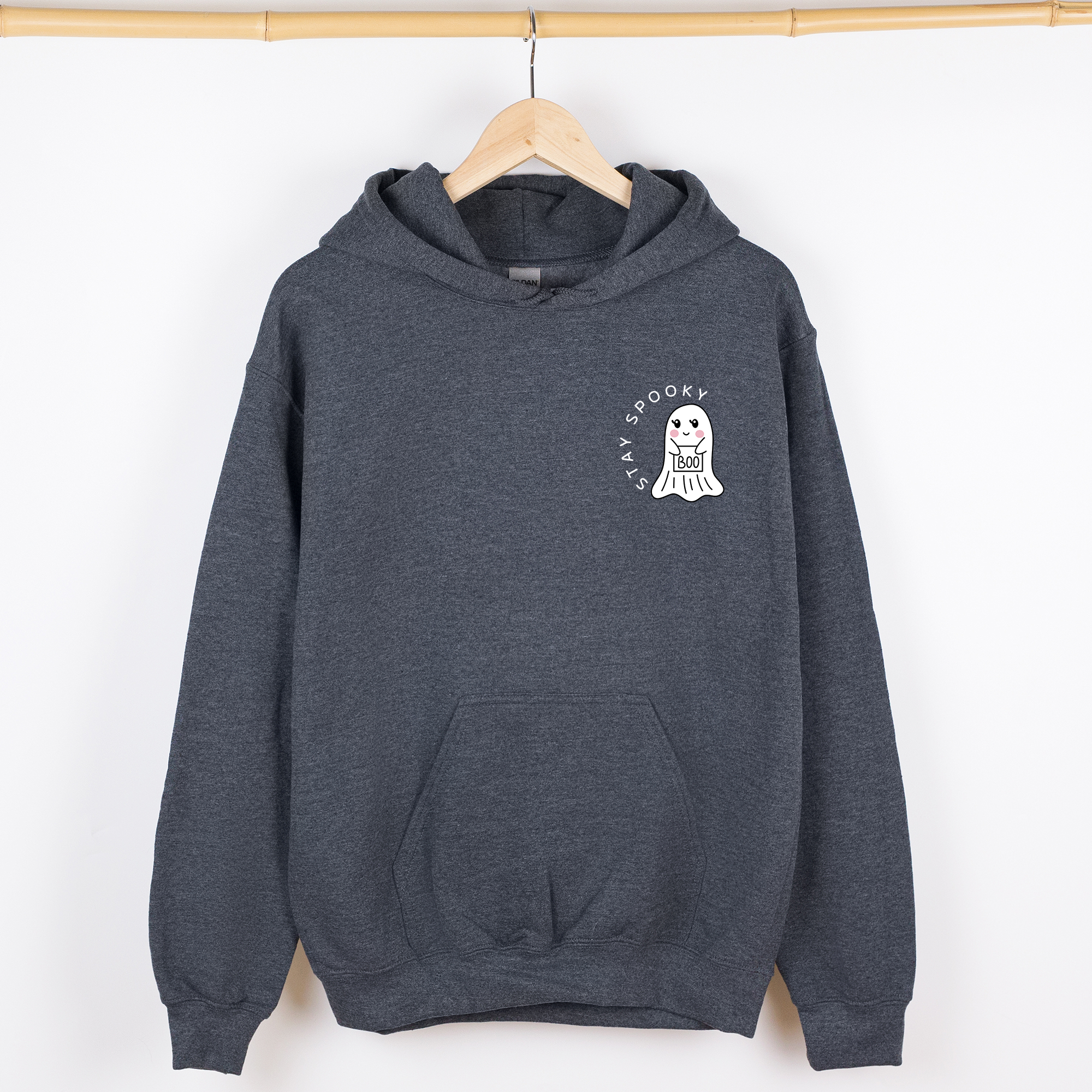Stay Spooky Ghost Halloween Pocket Checkered Cozy Autumn Vibe Nightlife Graphic Hoodie