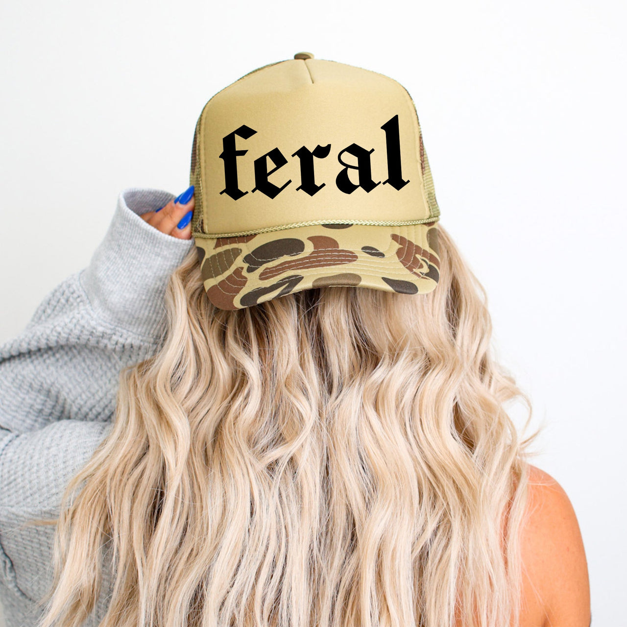 Feral Camo Night Hunter Streetwear Bold Statement Logo Limited Edition Trucker Hat