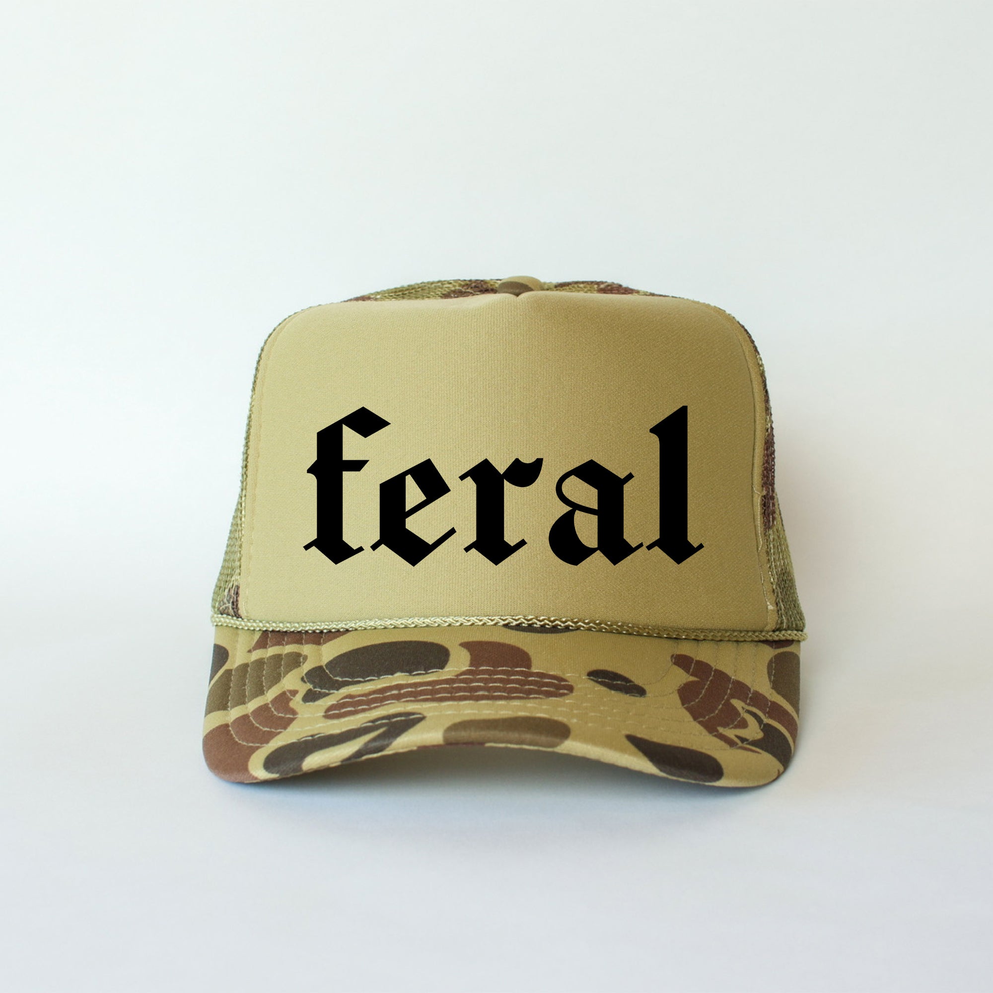 Feral Camo Night Hunter Streetwear Bold Statement Logo Limited Edition Trucker Hat