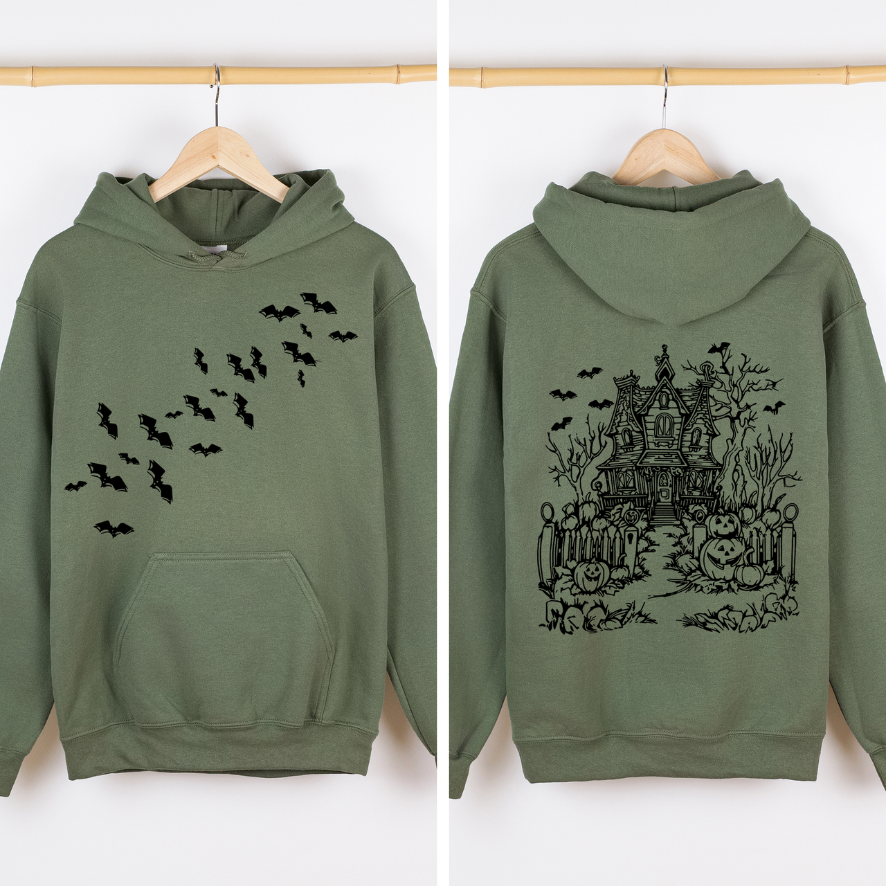 Haunted House Front And Back Halloween Retro Bats Witches Skeleton Jack O Lanterns Graphic Hoodie