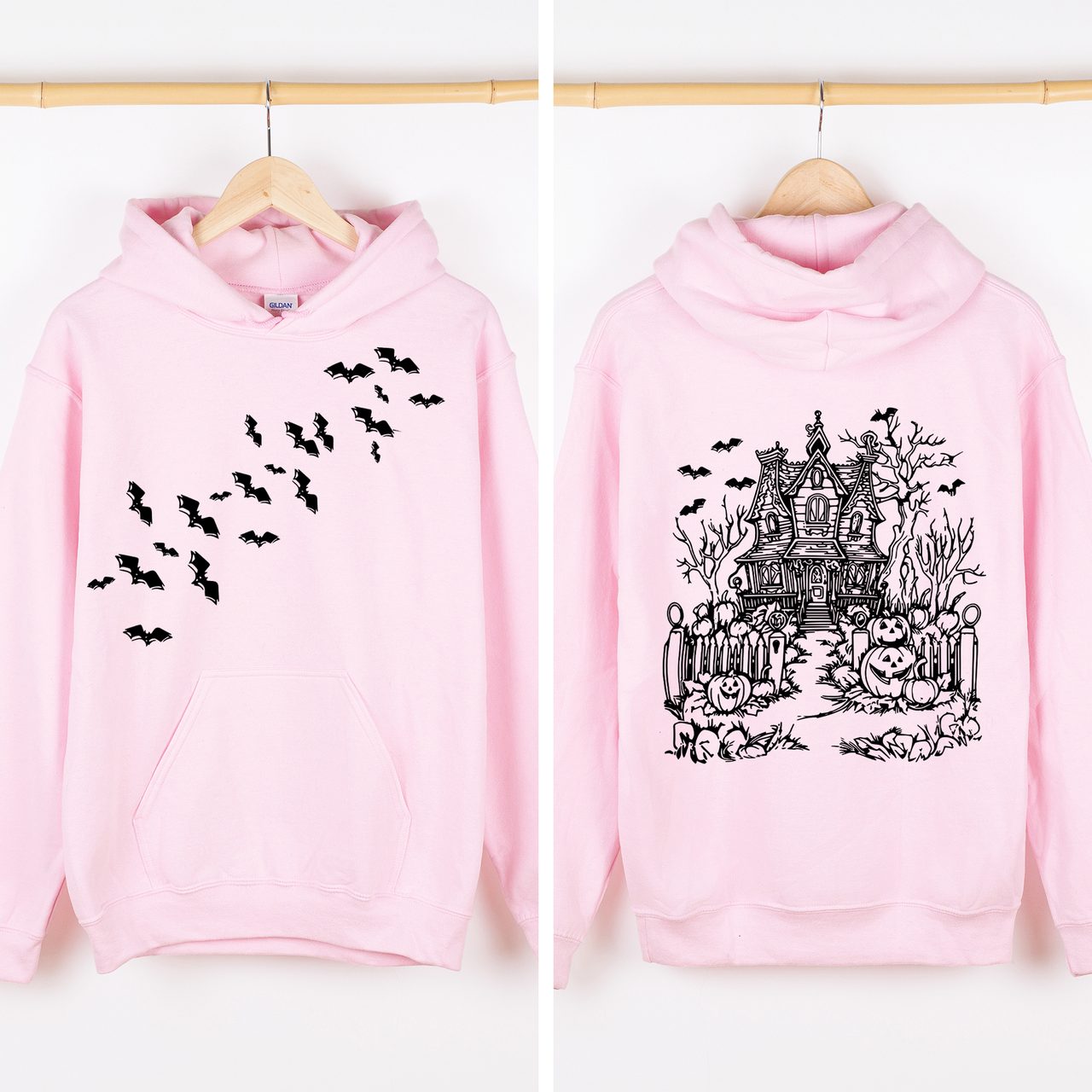 Haunted House Front And Back Halloween Retro Bats Witches Skeleton Jack O Lanterns Graphic Hoodie