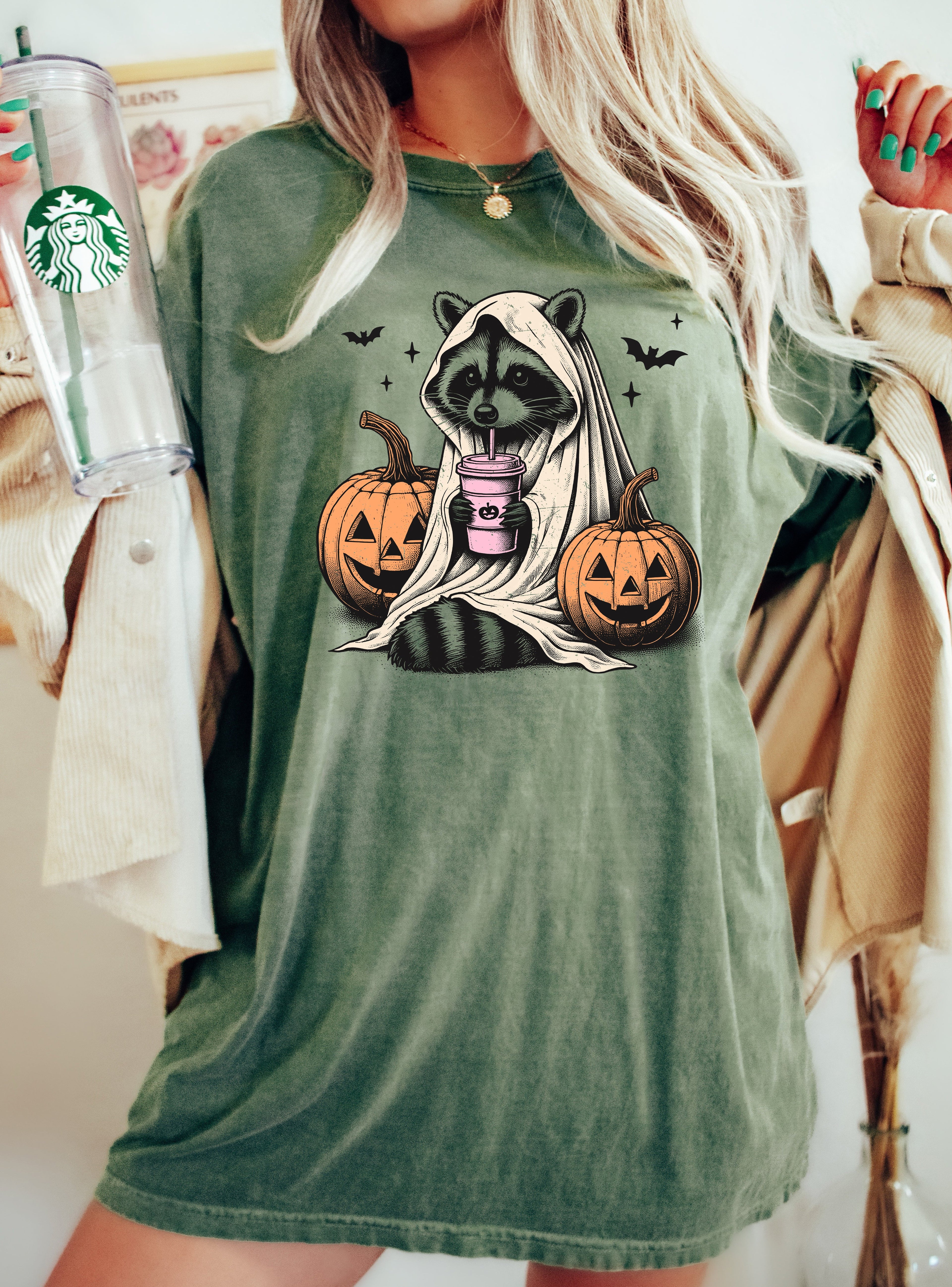Raccoon Coffee Lovers Farm Ghost Western Witch Halloween Meme Costume Comfort Colors Tee