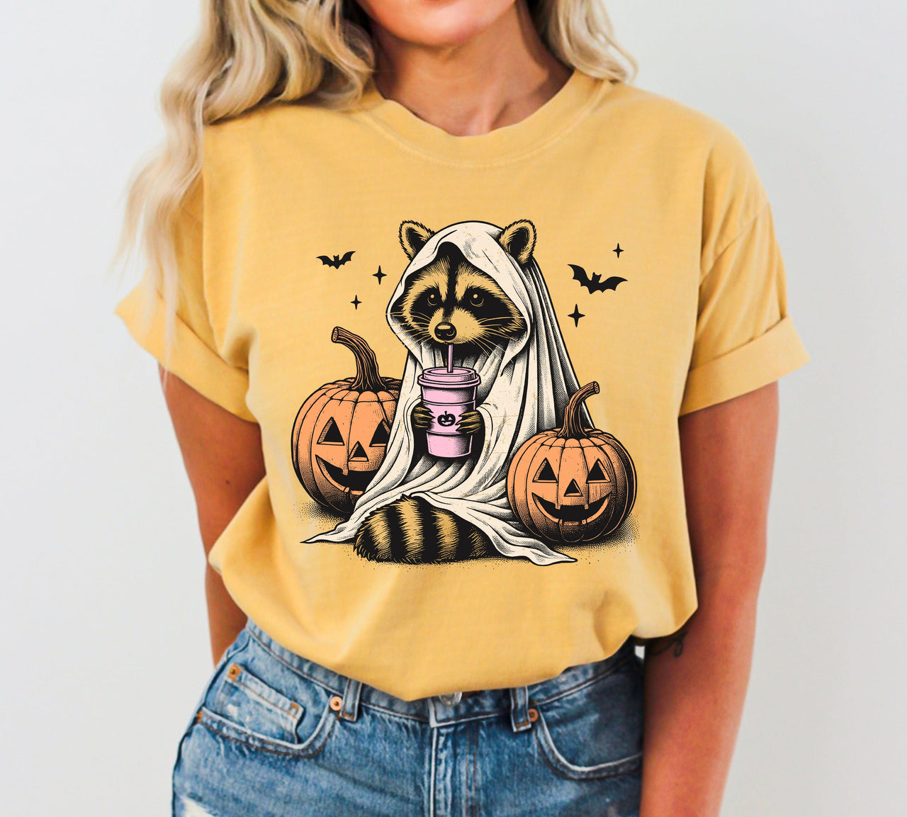 Raccoon Coffee Lovers Farm Ghost Western Witch Halloween Meme Costume Comfort Colors Tee