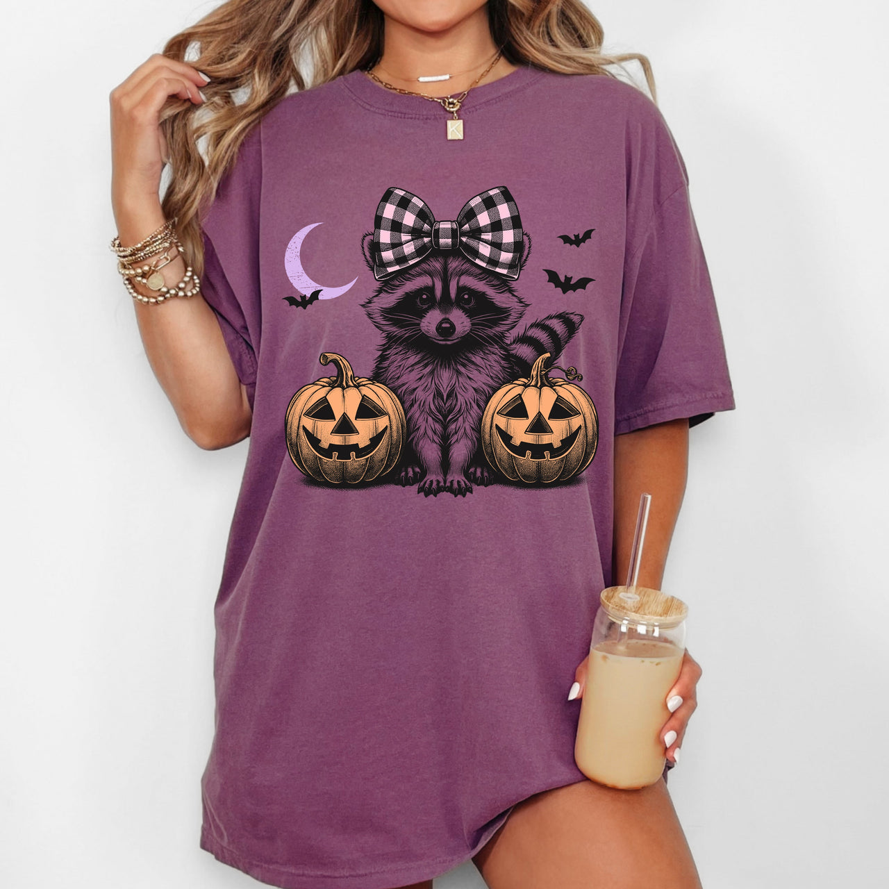 Cute Raccoon Halloween Aesthetic Meme Western Witch Hair Bow Pumpkin Costume Comfort Colors Tee