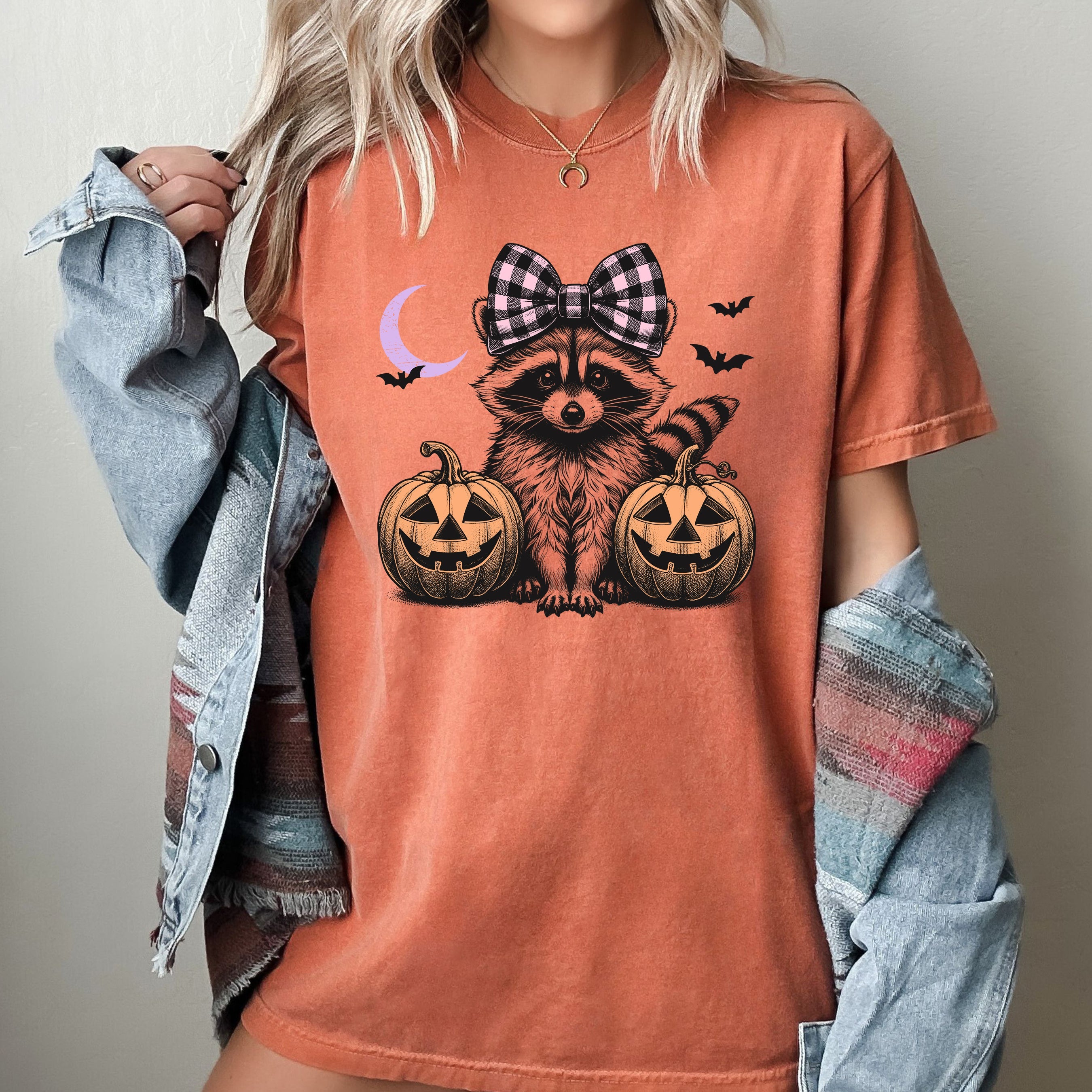 Cute Raccoon Halloween Aesthetic Meme Western Witch Hair Bow Pumpkin Costume Comfort Colors Tee
