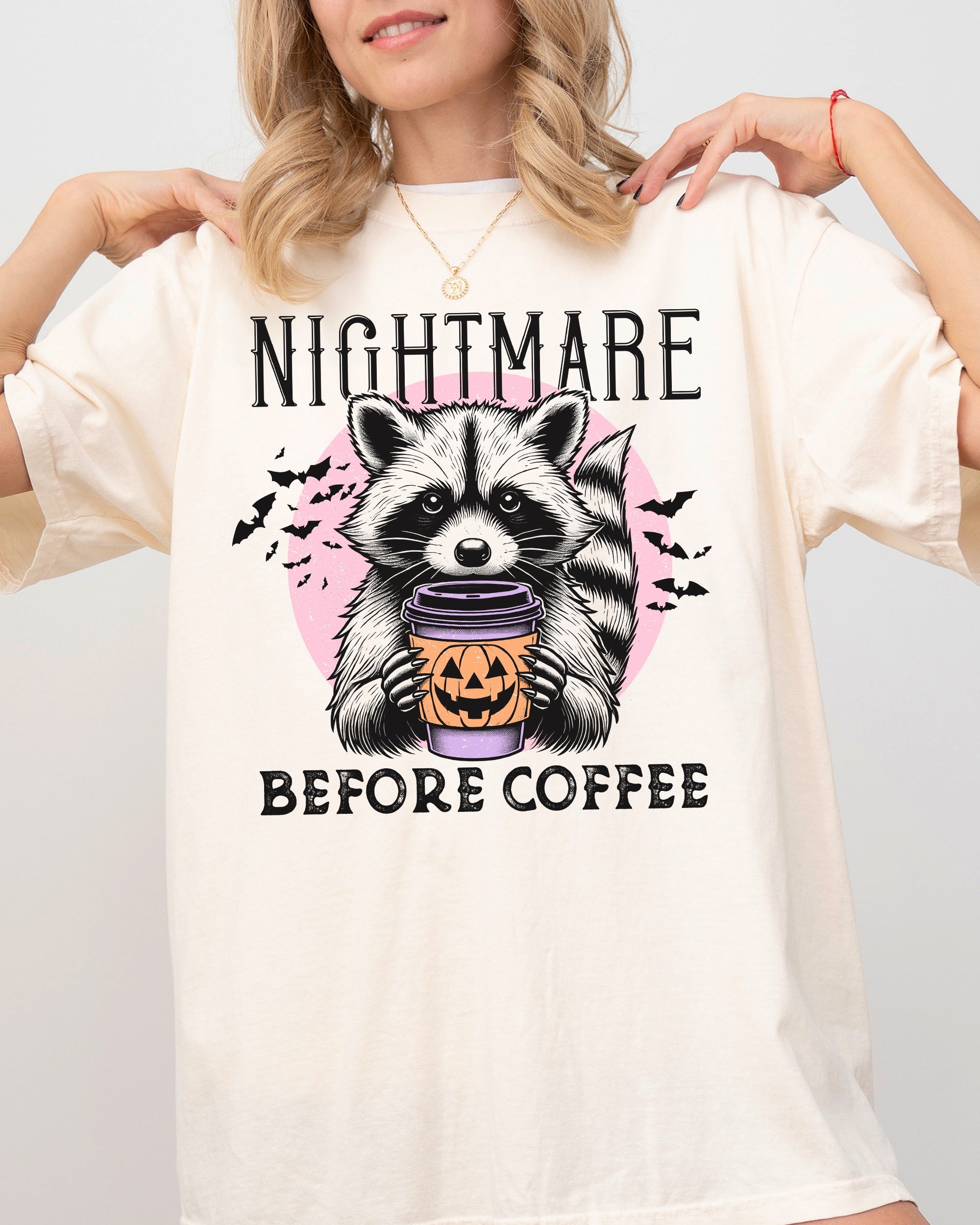 Raccoon Nightmare Before Coffee Western Witch Aesthetic Meme Halloween Comfort Colors Tee
