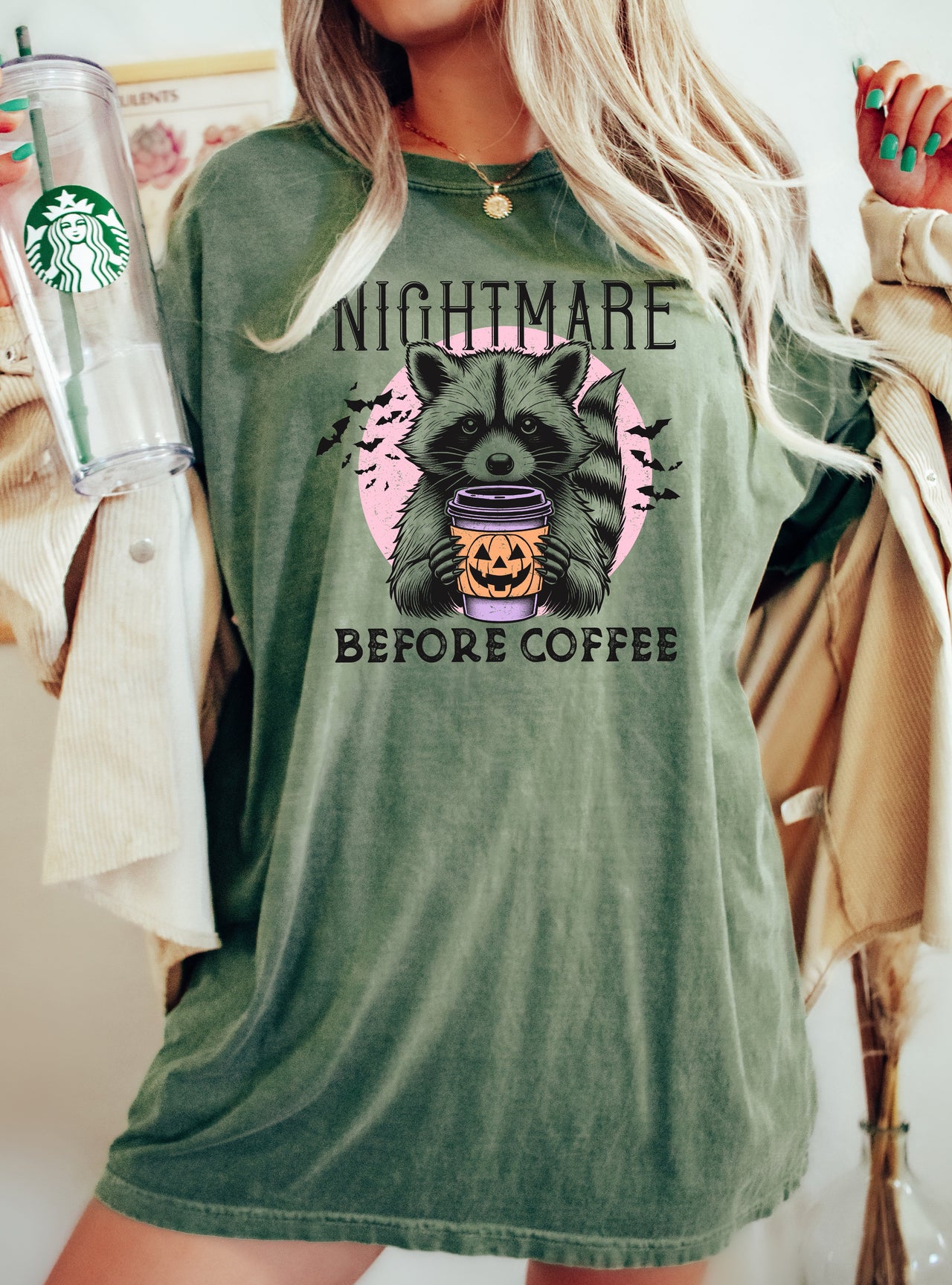 Raccoon Nightmare Before Coffee Western Witch Aesthetic Meme Halloween Comfort Colors Tee