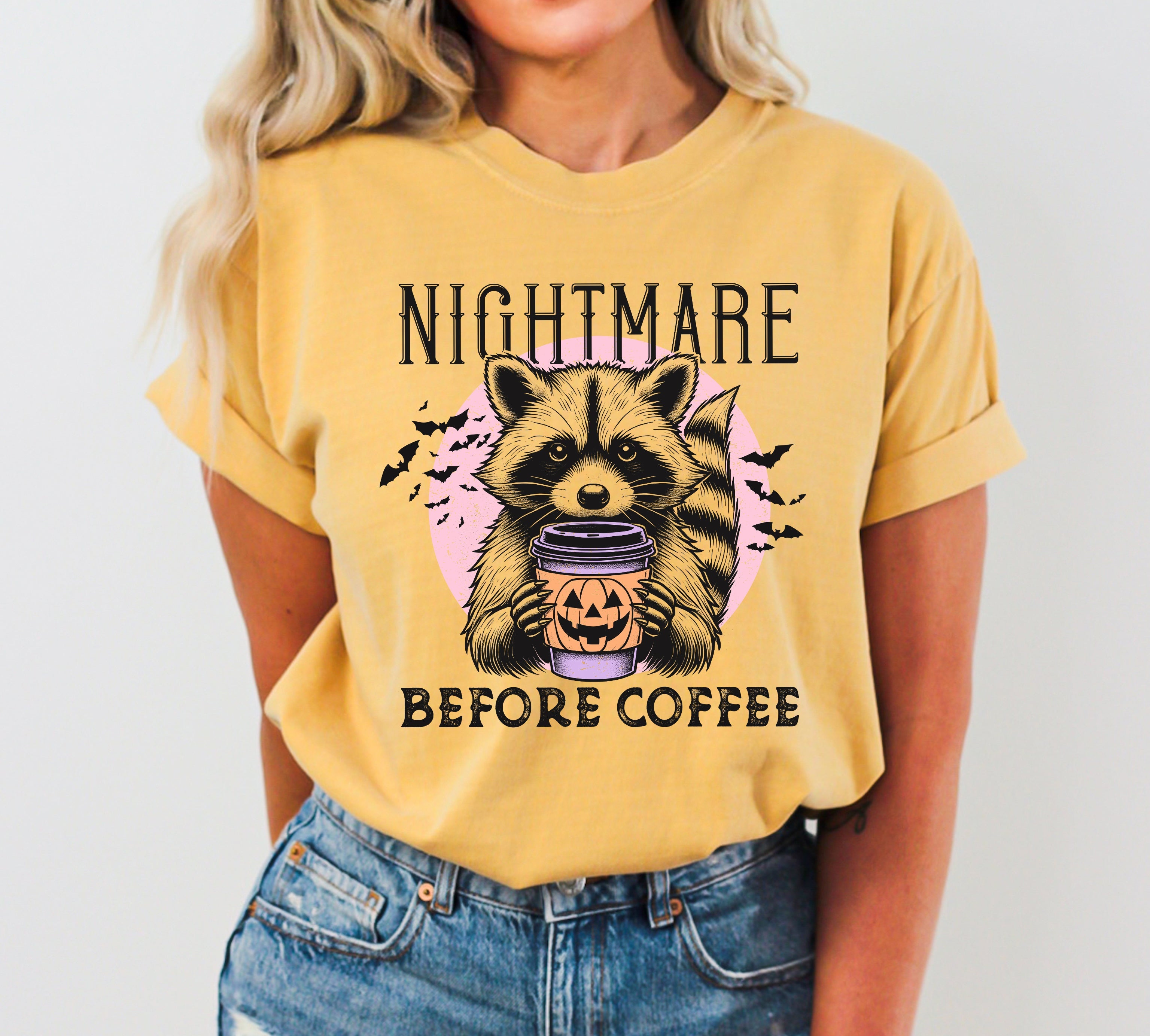 Raccoon Nightmare Before Coffee Western Witch Aesthetic Meme Halloween Comfort Colors Tee