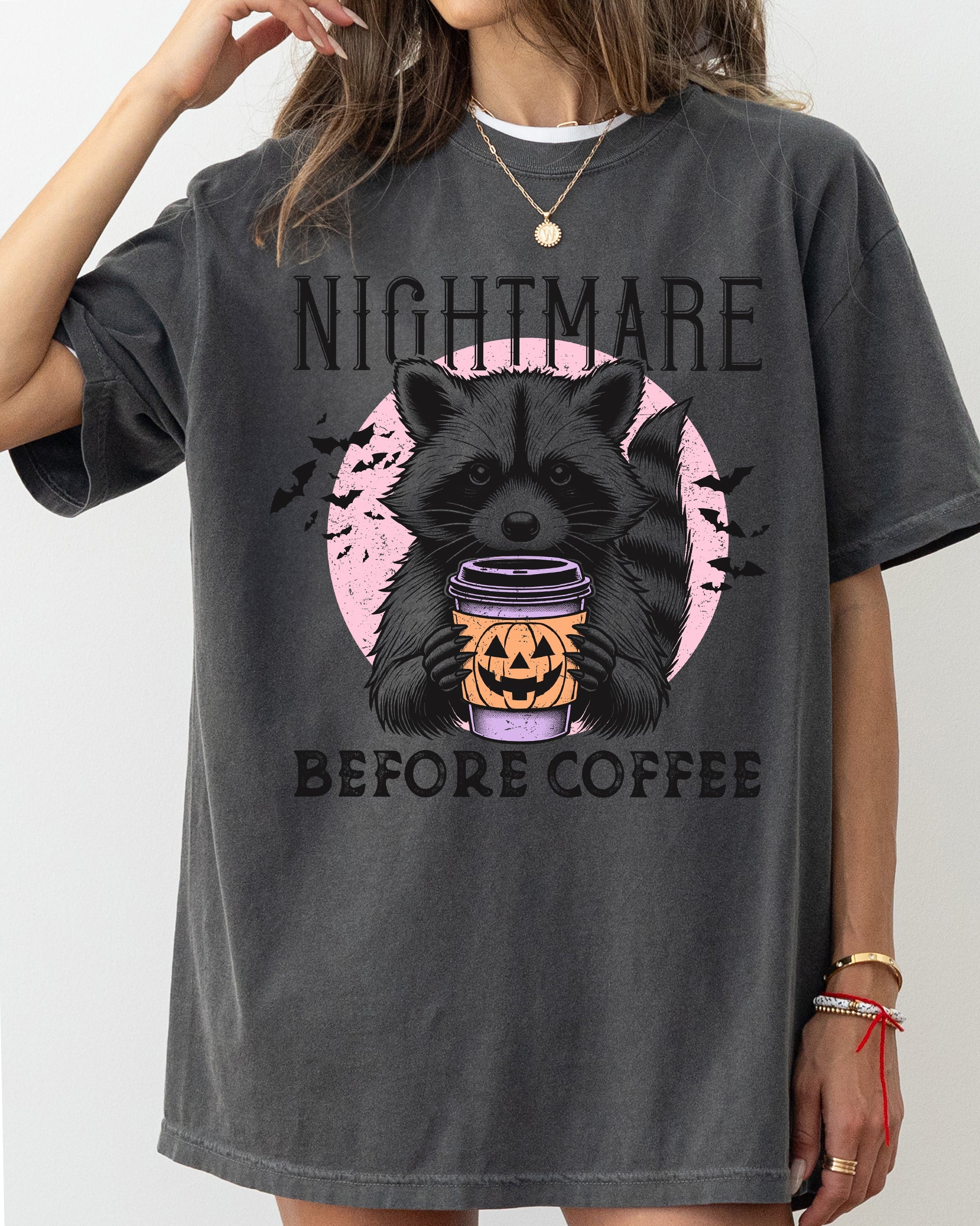 Raccoon Nightmare Before Coffee Western Witch Aesthetic Meme Halloween Comfort Colors Tee