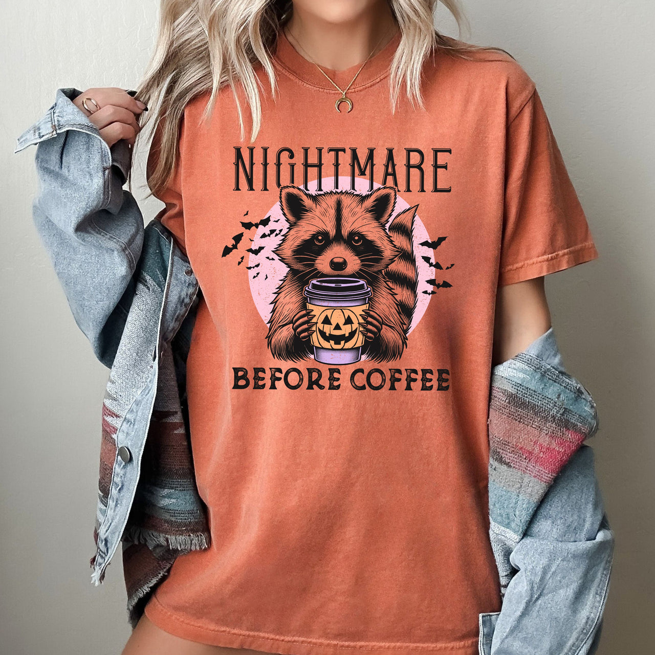 Raccoon Nightmare Before Coffee Western Witch Aesthetic Meme Halloween Comfort Colors Tee