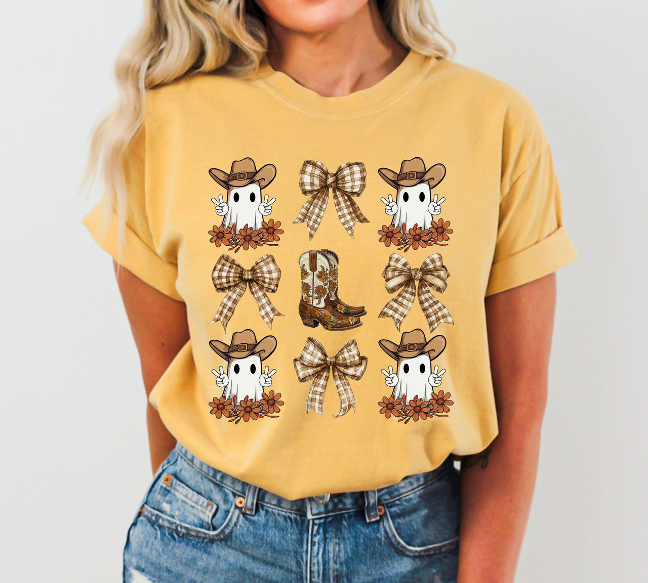 Cowboy Ghost Bow Ribbon Western Witch Aesthetic Meme Halloween Costume Comfort Colors Tee