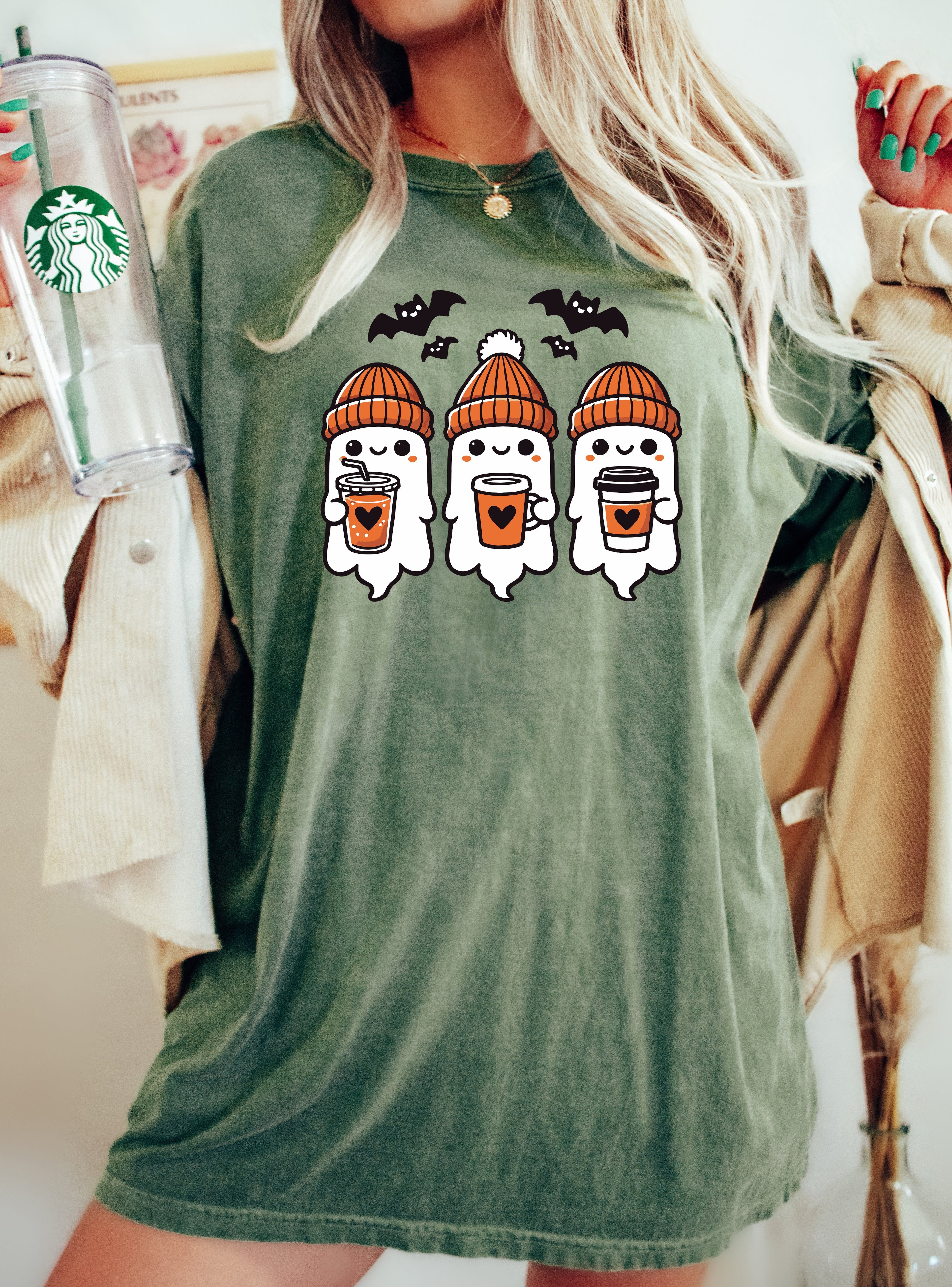 Cute Coffee Lover Ghosts Western Witch Aesthetic Meme Halloween Costume Comfort Colors Tee