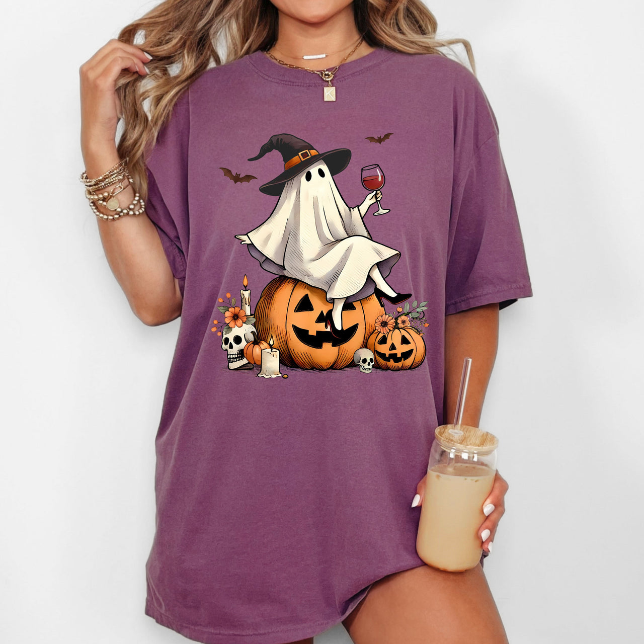 Ghost On Pumpkin Wine Western Witch Meme Halloween Costume Graphic Comfort Colors Tee