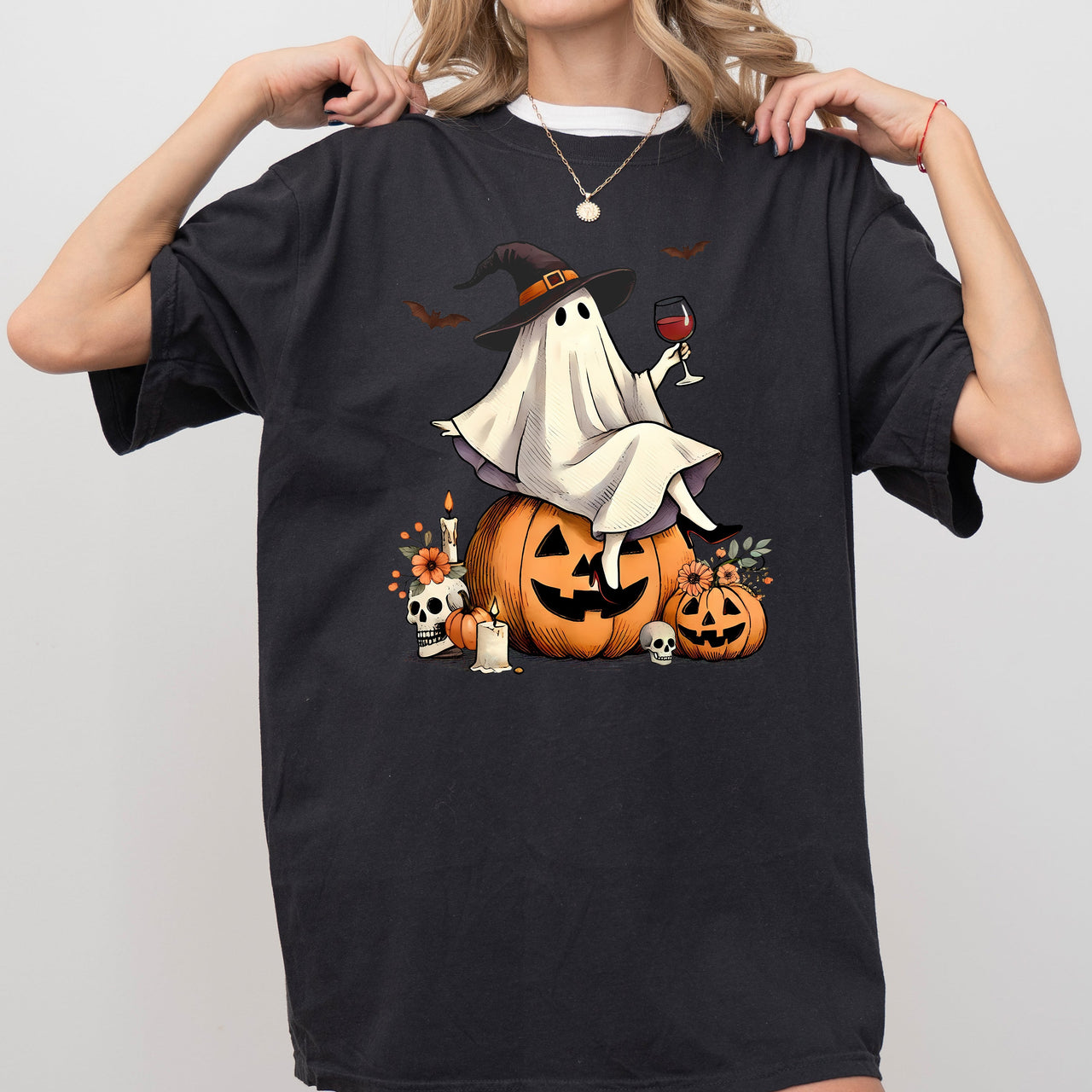 Ghost On Pumpkin Wine Western Witch Meme Halloween Costume Graphic Comfort Colors Tee