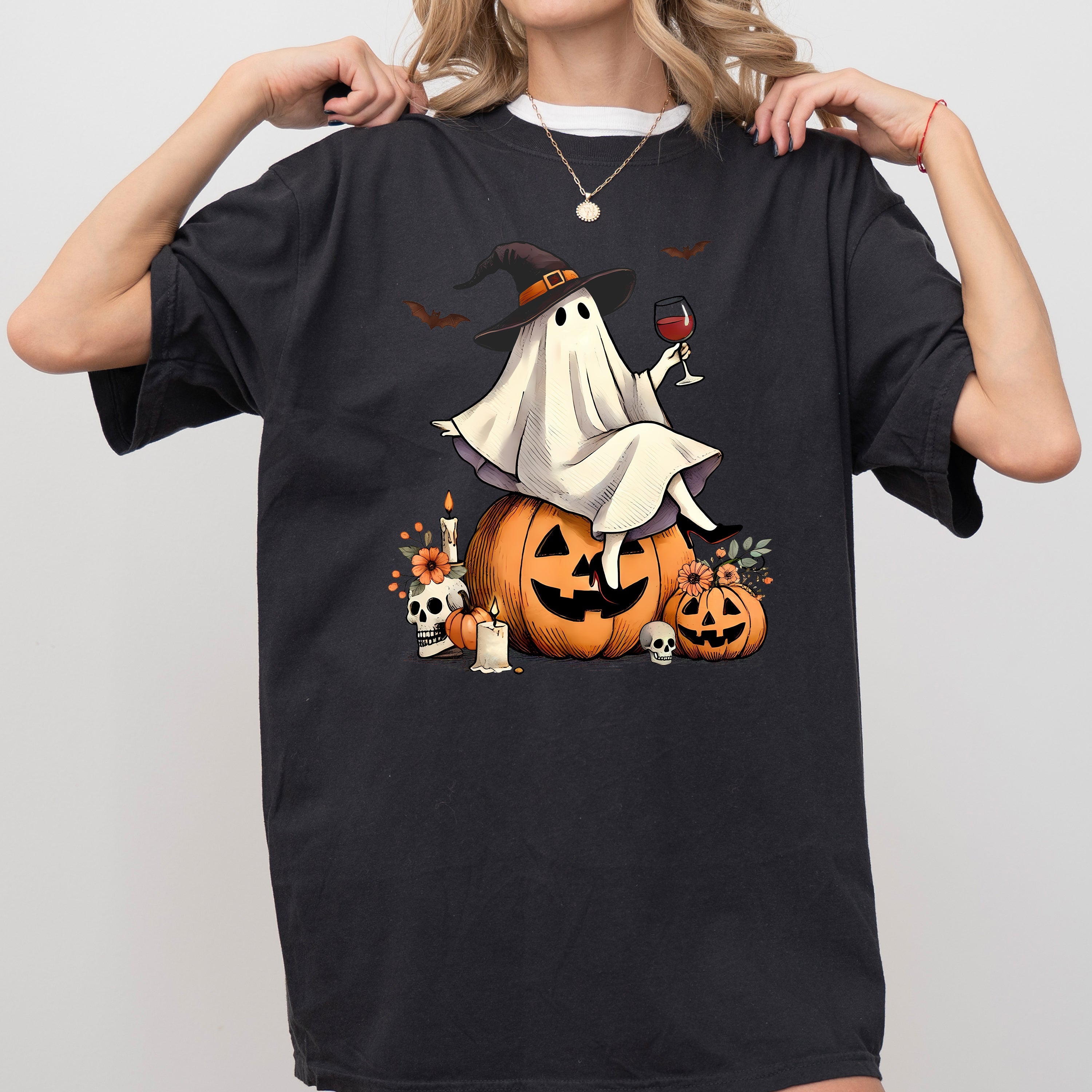 Ghost On Pumpkin Wine Western Witch Meme Halloween Costume Graphic Comfort Colors Tee