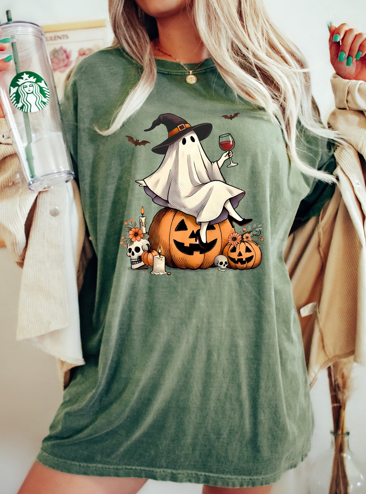 Ghost On Pumpkin Wine Western Witch Meme Halloween Costume Graphic Comfort Colors Tee