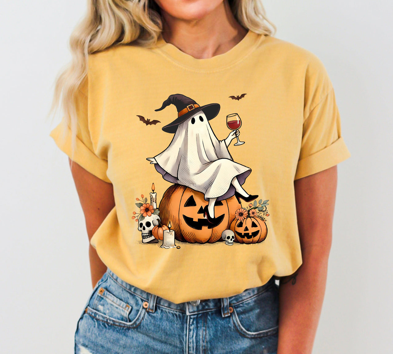 Ghost On Pumpkin Wine Western Witch Meme Halloween Costume Graphic Comfort Colors Tee