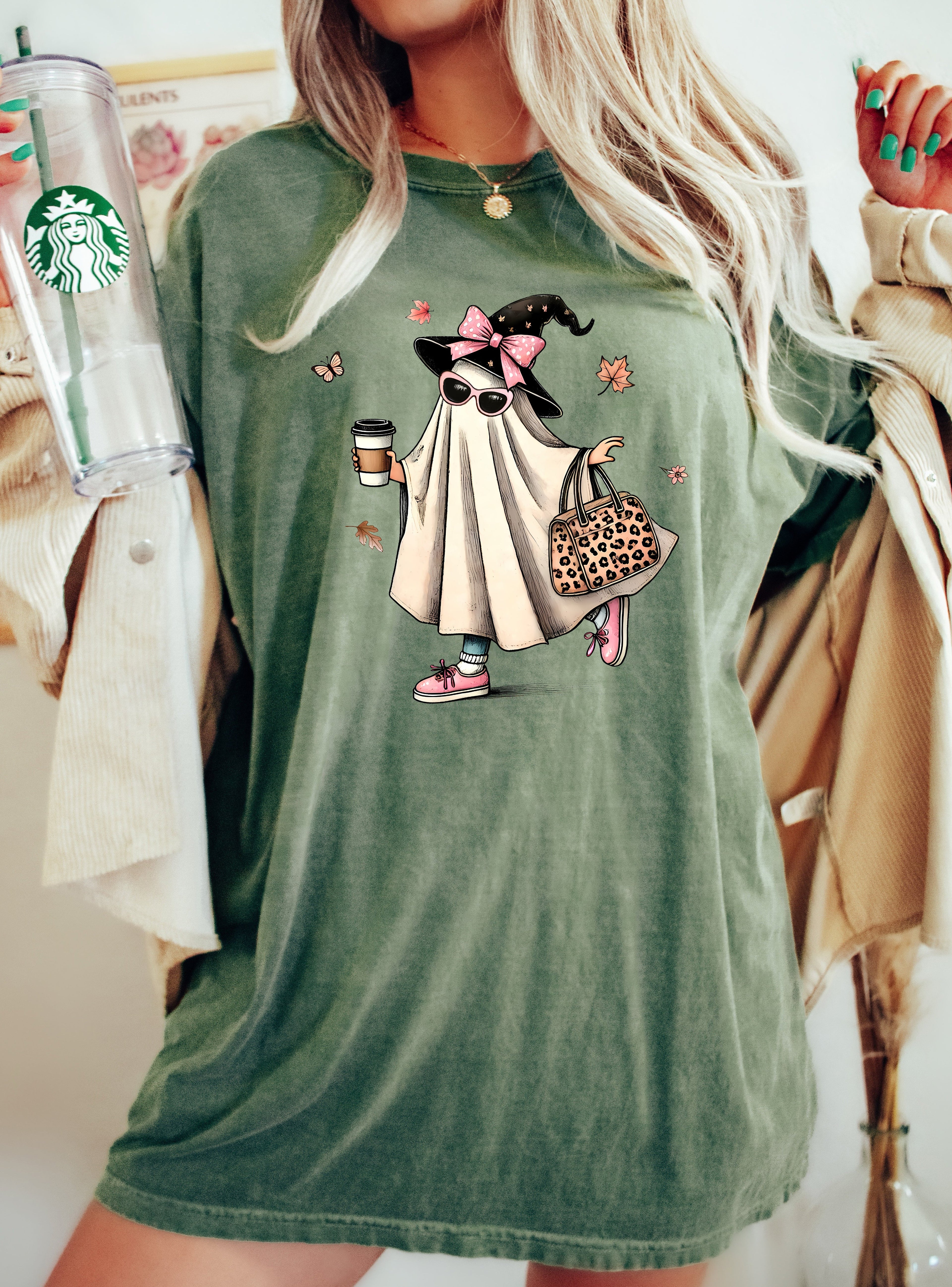 Fancy Ghost Coffee Western Witch Aesthetic Meme Halloween Costume Comfort Colors Tee