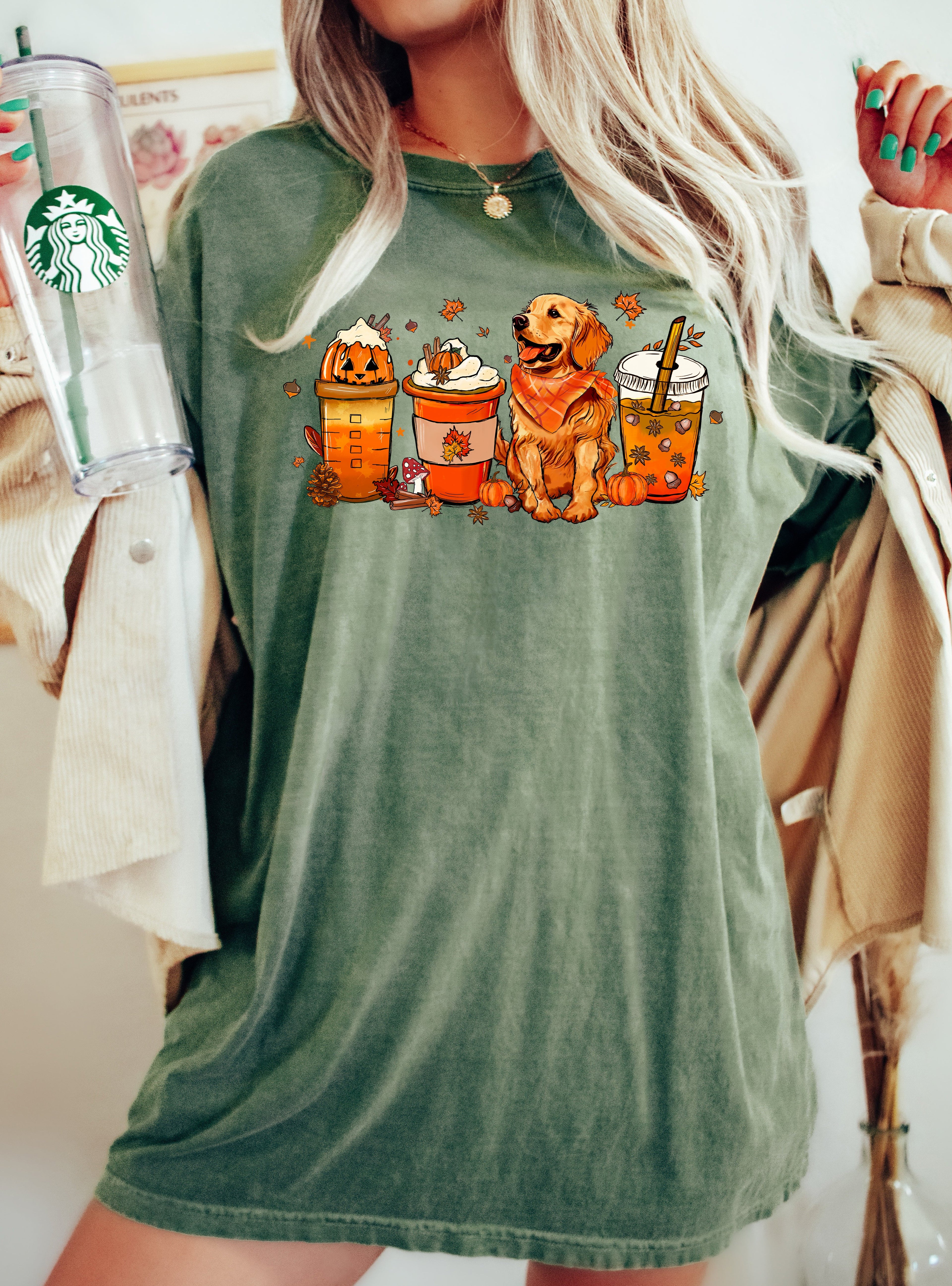 Coffee Lover Dog Golden Retriever Halloween Skeleton Western Witch Meme Costume Comfort Colors Tee