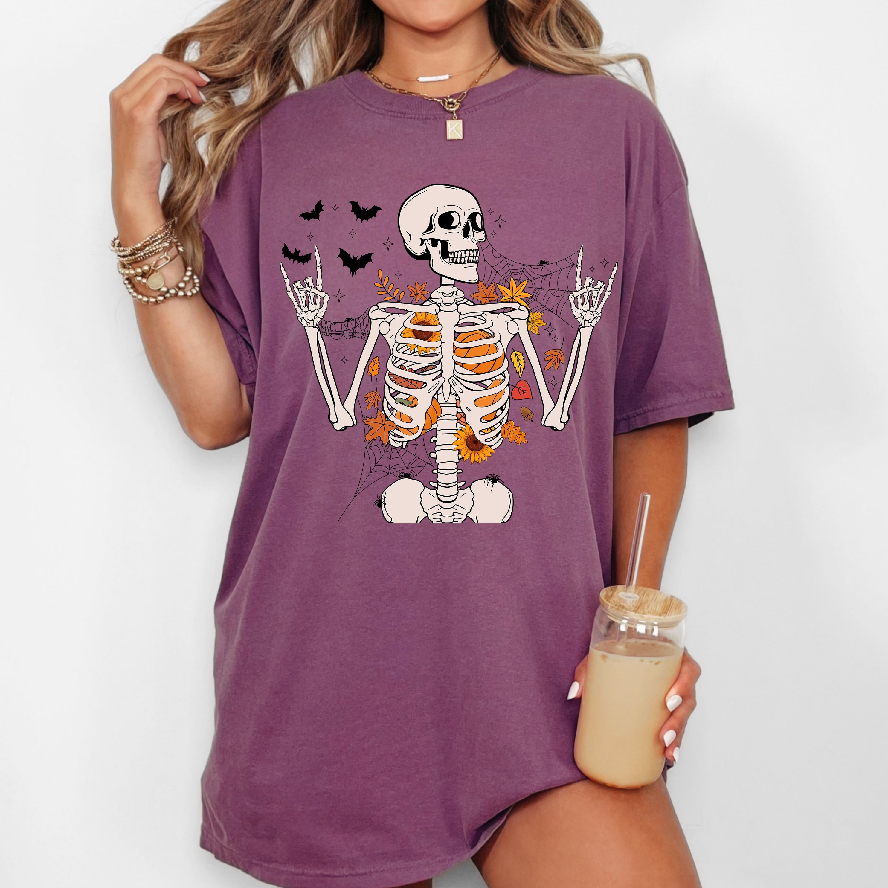 Funny Skeleton Flowers Rock Western Witch Halloween Meme Graphic Comfort Colors Tee